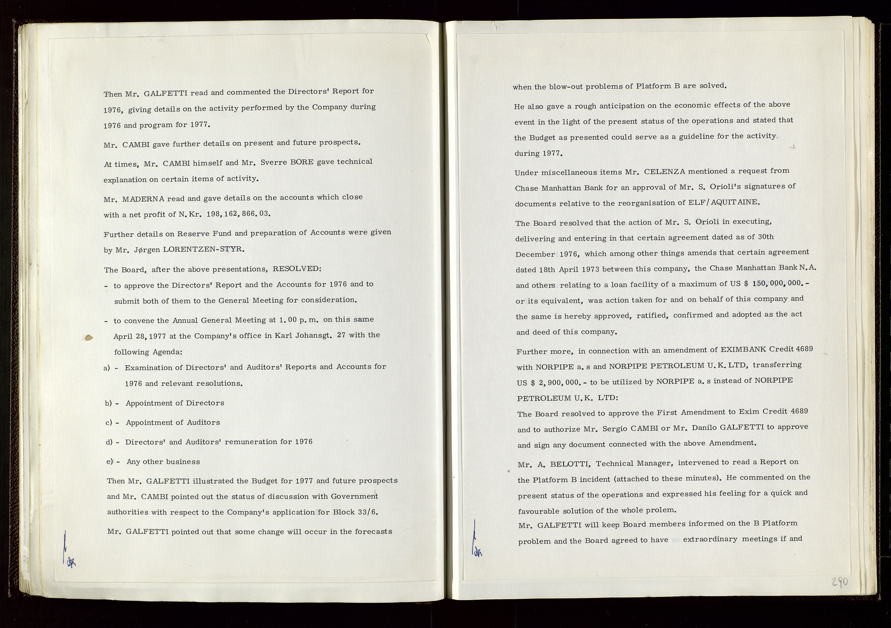 Pa 1583 - Norsk Agip AS, AV/SAST-A-102138/A/Aa/L0002: General assembly and Board of Directors meeting minutes, 1972-1979, p. 289-290