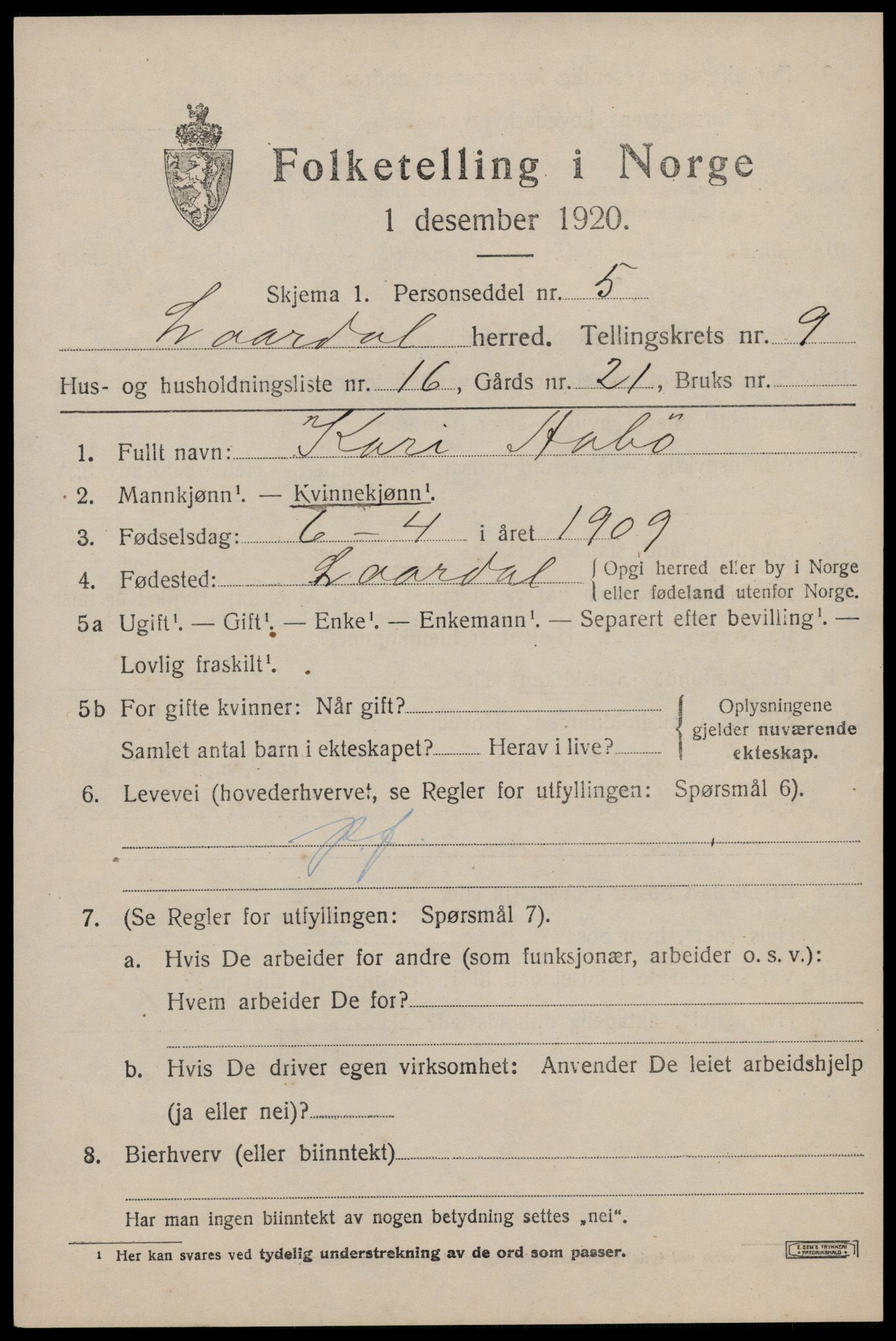 SAKO, 1920 census for Lårdal, 1920, p. 3313