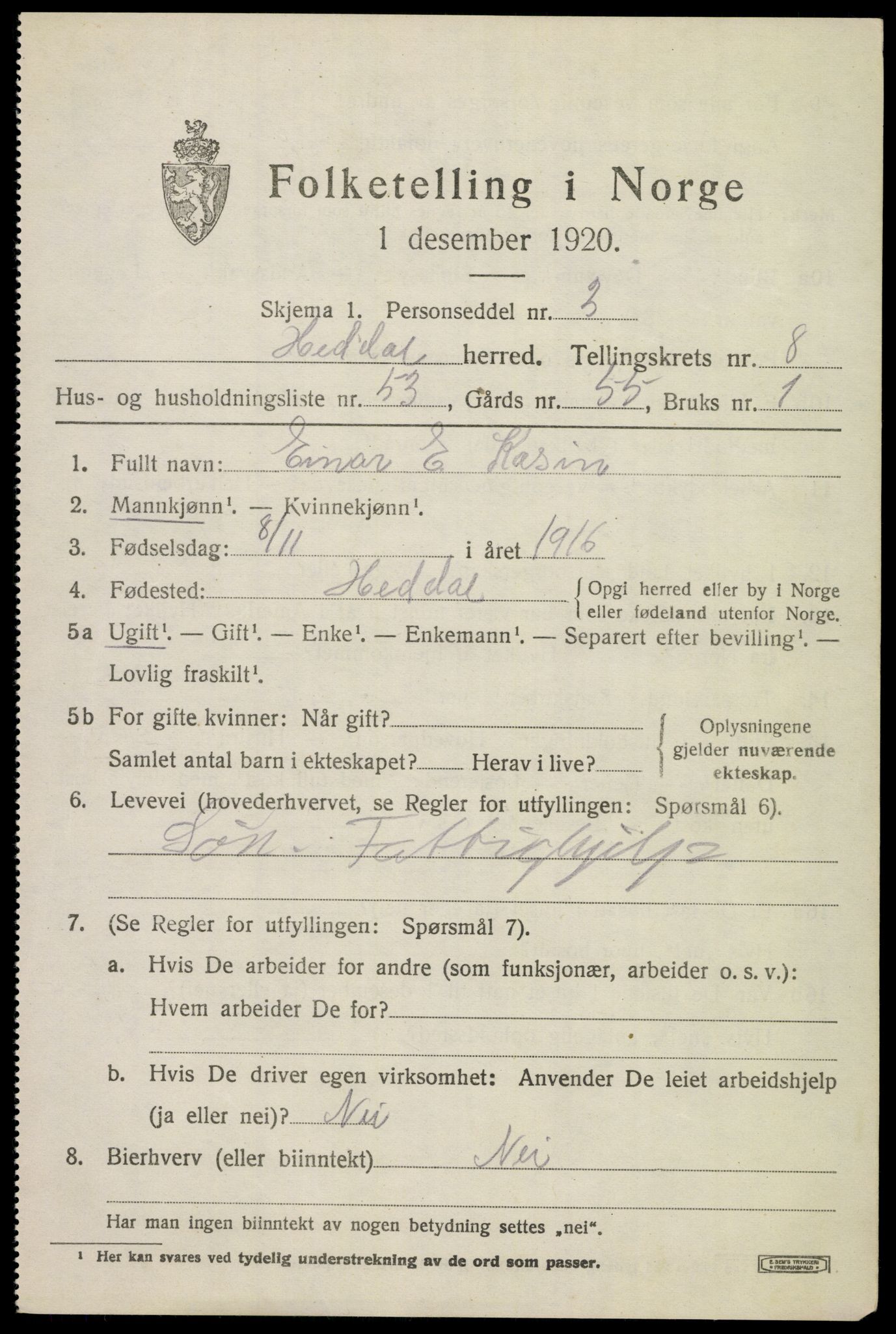 SAKO, 1920 census for Heddal, 1920, p. 6578