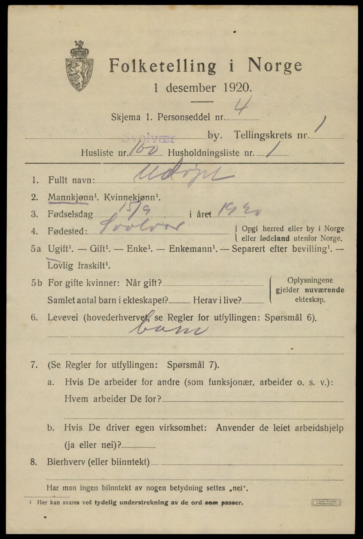 SAT, 1920 census for Svolvær, 1920, p. 3144