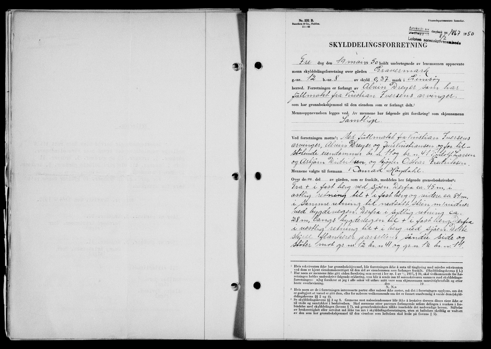 Lofoten sorenskriveri, SAT/A-0017/1/2/2C/L0024a: Mortgage book no. 24a, 1950-1950, Diary no: : 1867/1950
