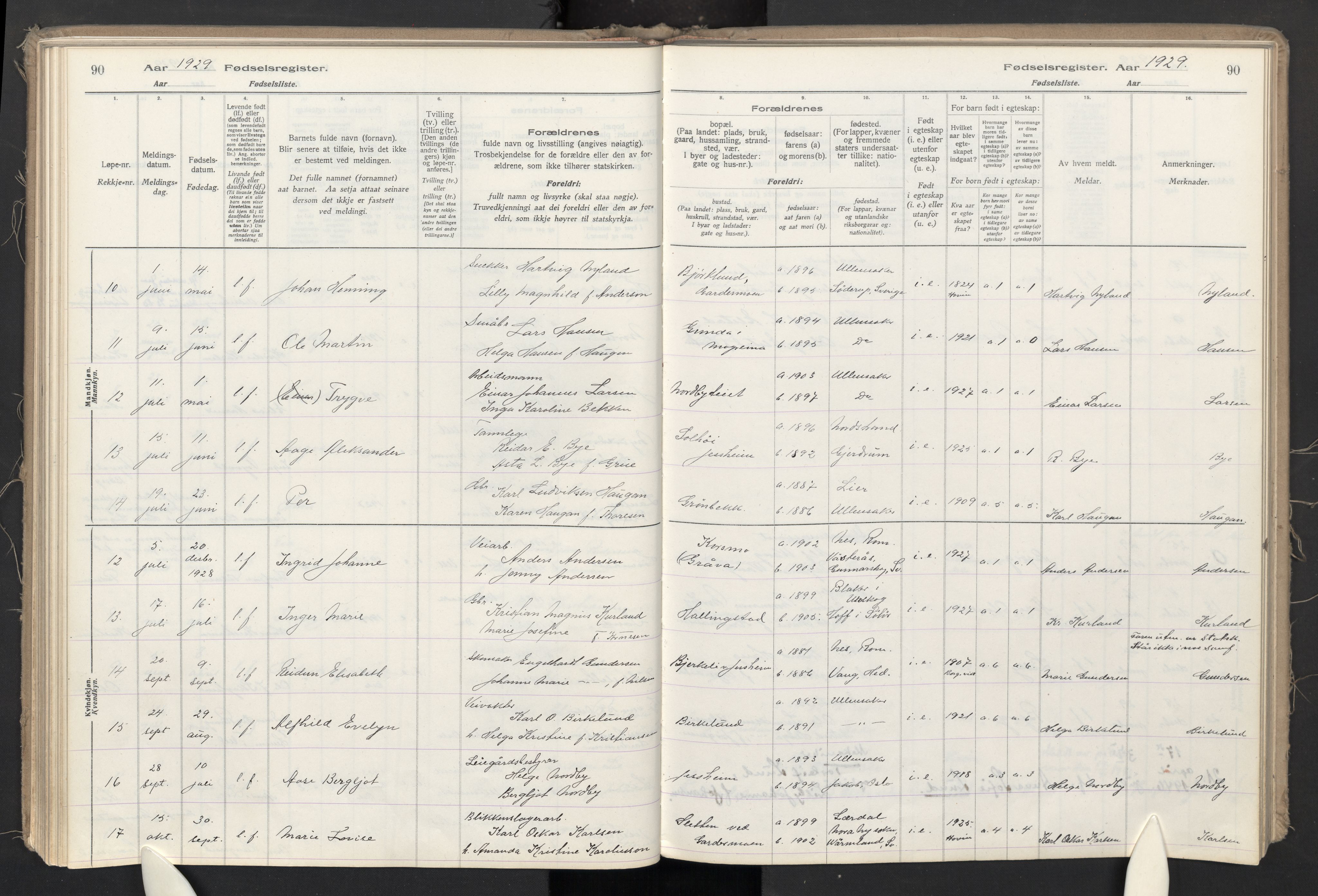 Ullensaker prestekontor Kirkebøker, SAO/A-10236a/J: Birth register no. II 1, 1916-1946, p. 90