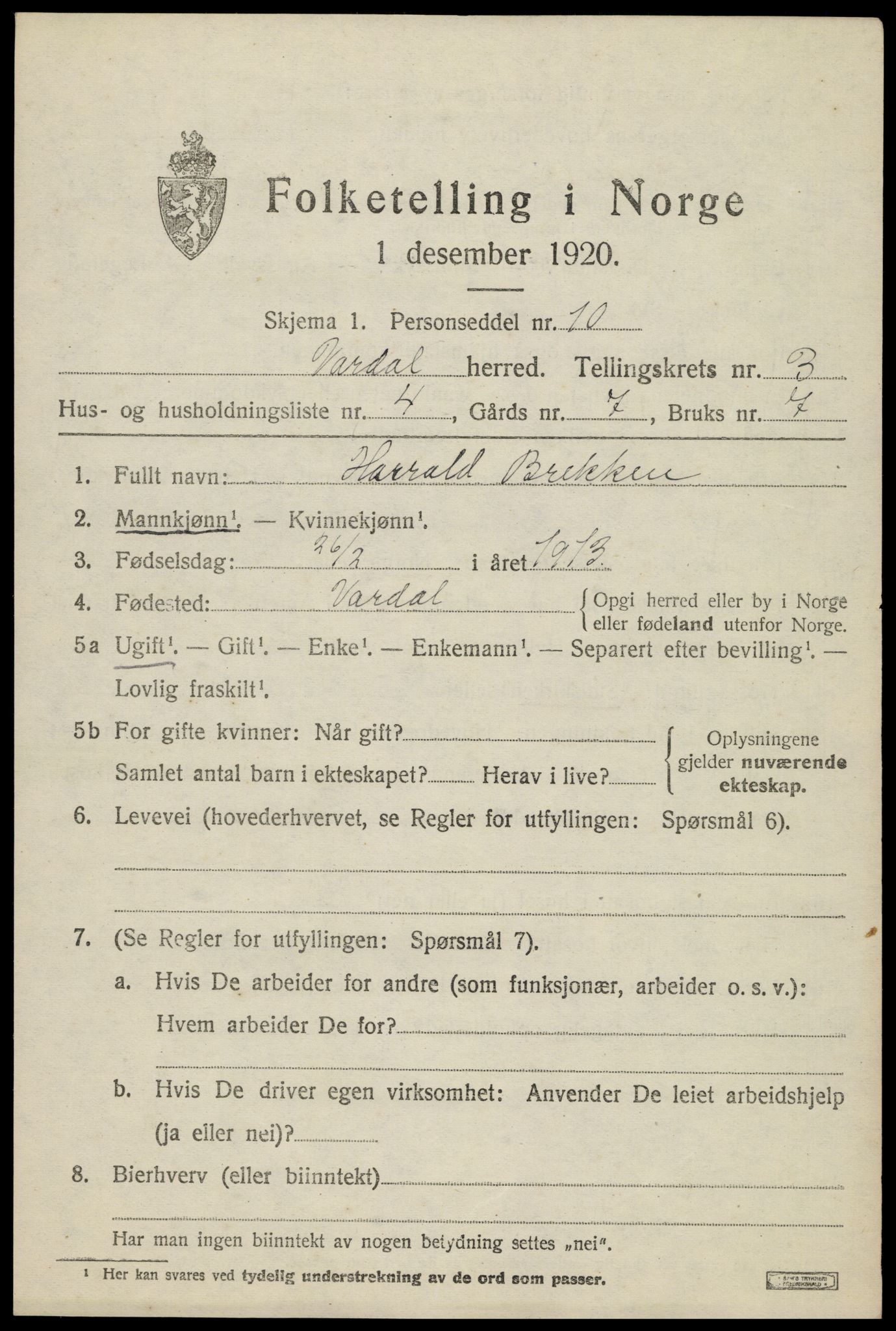 SAH, 1920 census for Vardal, 1920, p. 2719