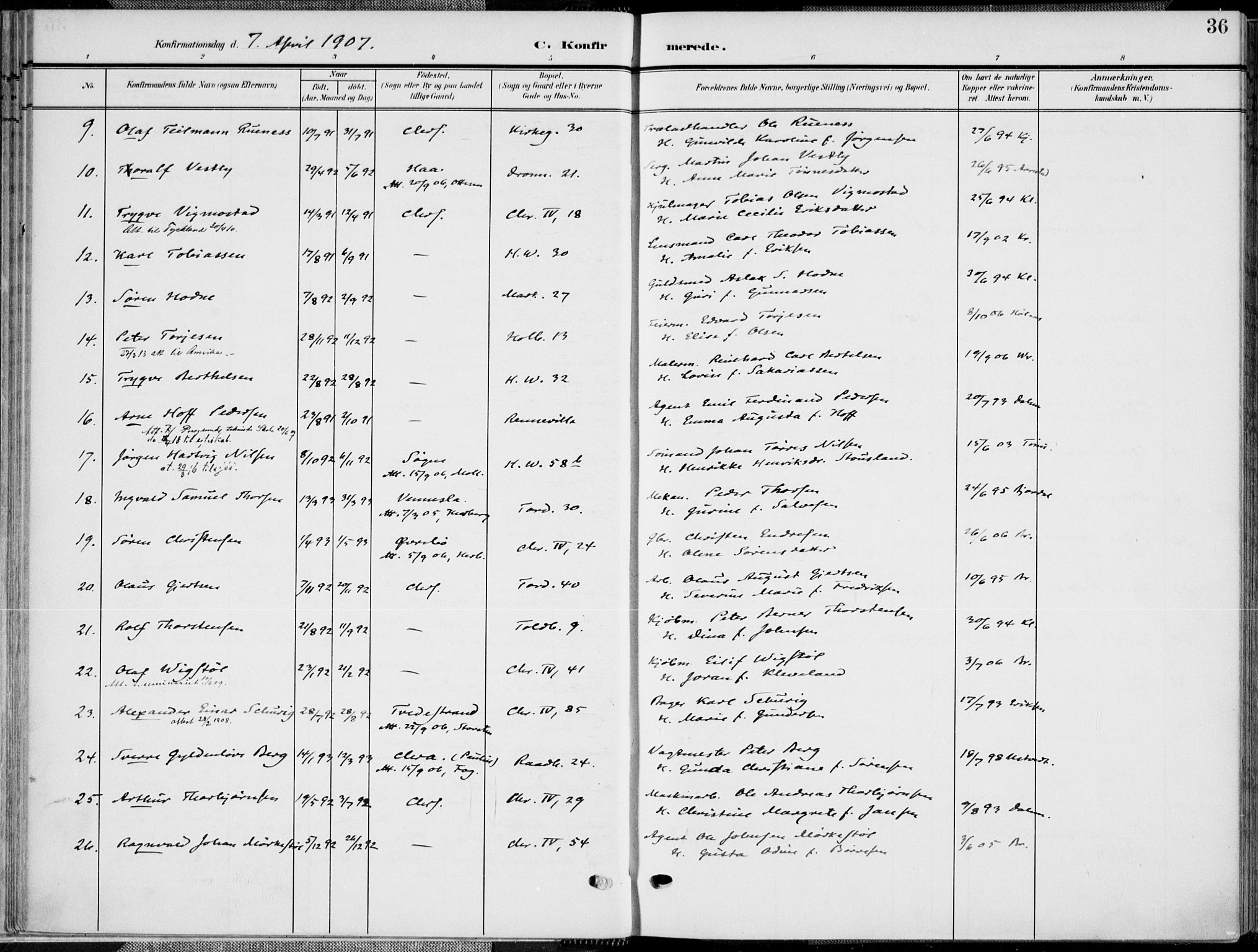 Kristiansand domprosti, SAK/1112-0006/F/Fa/L0022: Parish register (official) no. A 21, 1905-1916, p. 36