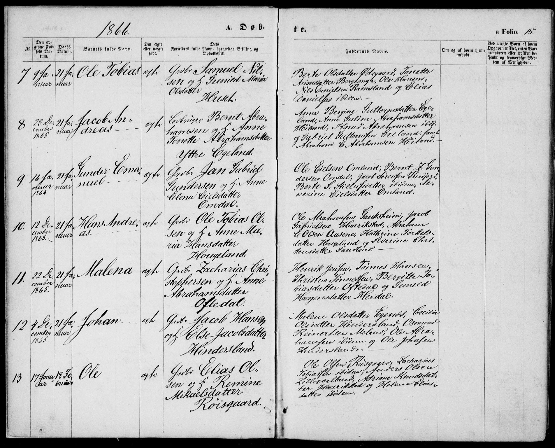 Lyngdal sokneprestkontor, SAK/1111-0029/F/Fa/Fac/L0010: Parish register (official) no. A 10, 1865-1878, p. 15