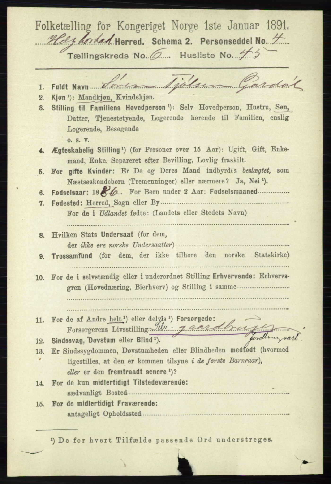 RA, 1891 census for 1034 Hægebostad, 1891, p. 2042