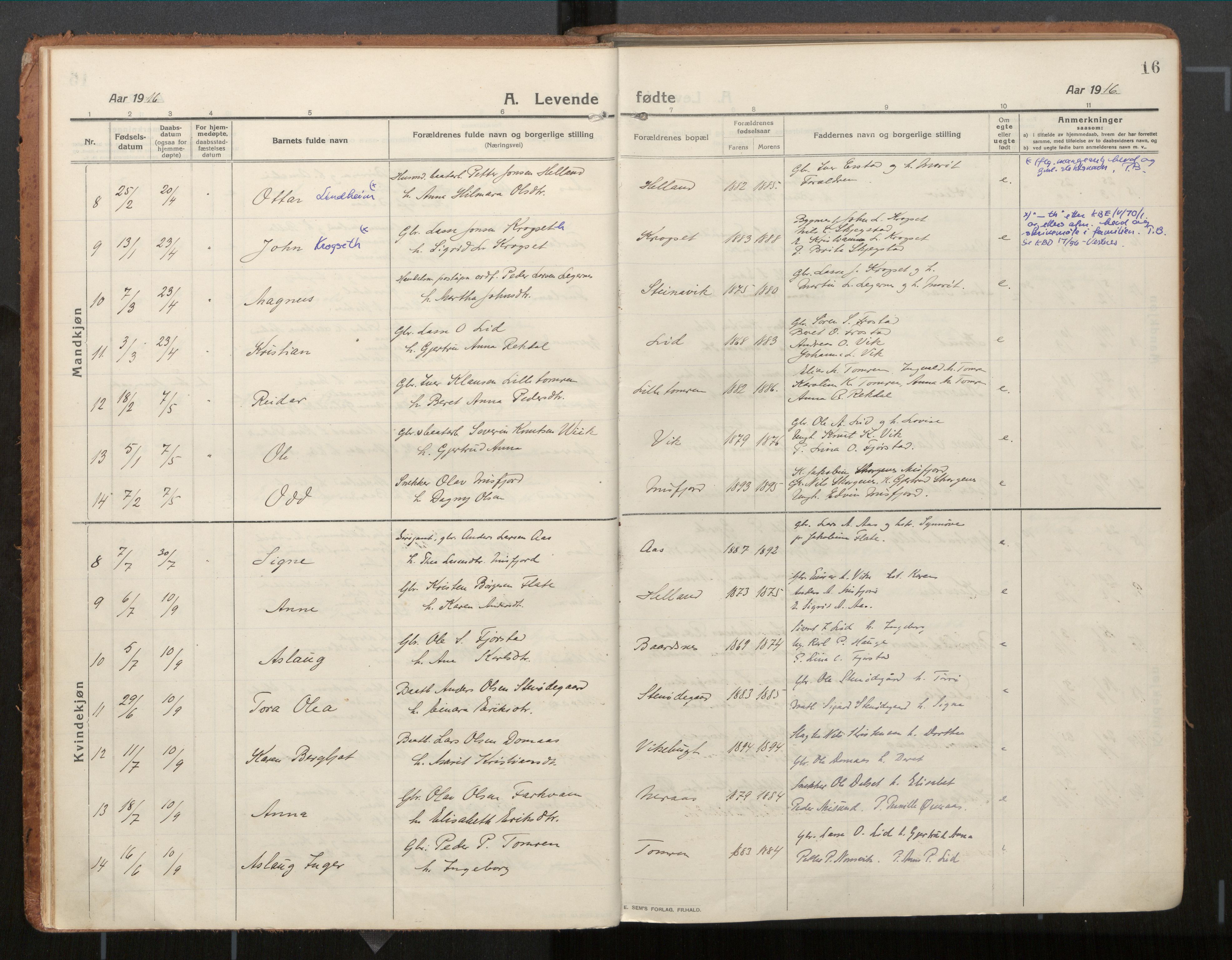 Ministerialprotokoller, klokkerbøker og fødselsregistre - Møre og Romsdal, AV/SAT-A-1454/539/L0534a: Parish register (official) no. 539A08, 1912-1935, p. 16