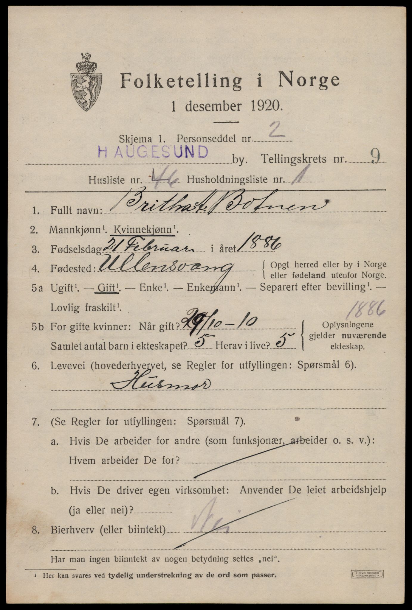 SAST, 1920 census for Haugesund, 1920, p. 32935