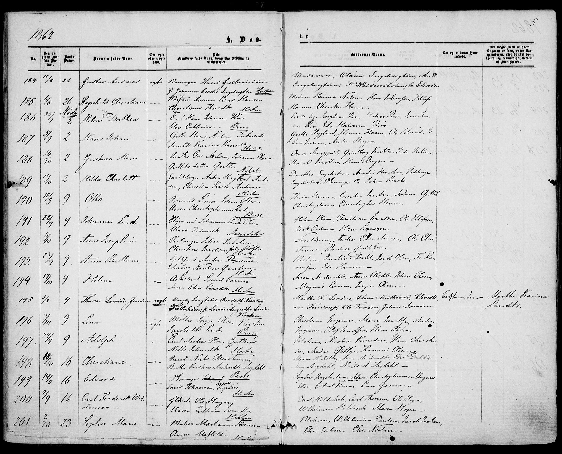 Borre kirkebøker, AV/SAKO-A-338/F/Fa/L0007: Parish register (official) no. I 7, 1862-1867, p. 5