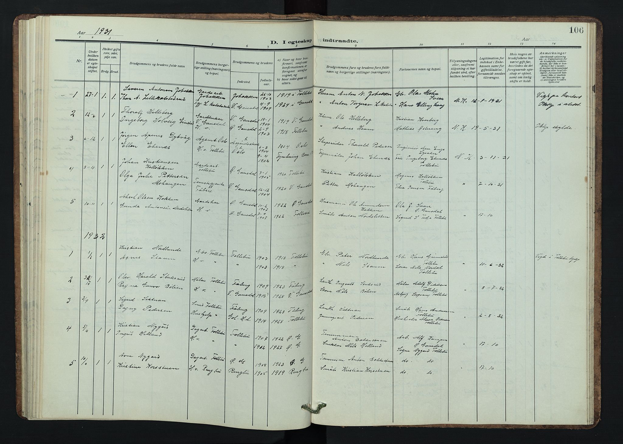 Østre Gausdal prestekontor, AV/SAH-PREST-092/H/Ha/Hab/L0005: Parish register (copy) no. 5, 1915-1944, p. 106