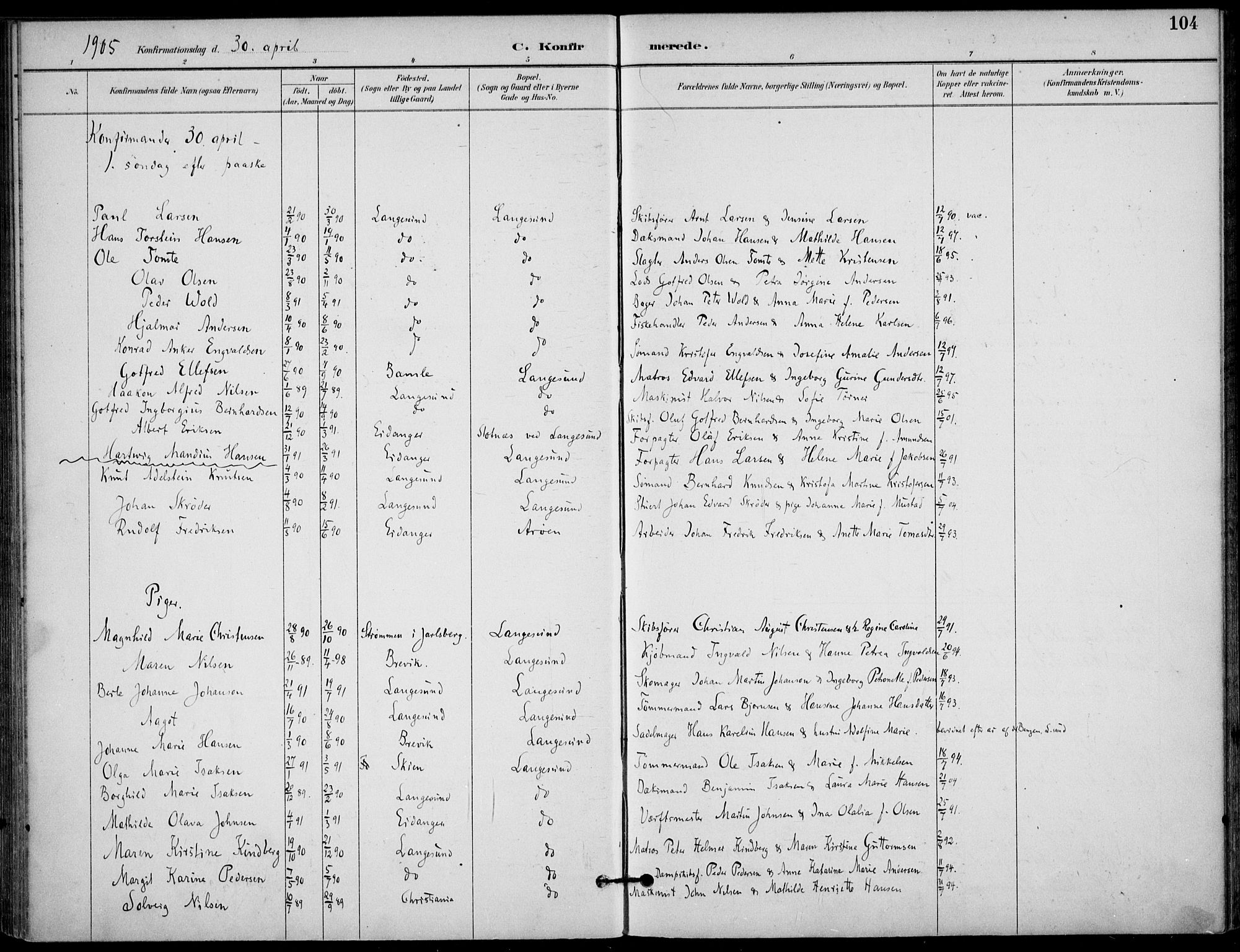 Langesund kirkebøker, SAKO/A-280/F/Fa/L0003: Parish register (official) no. 3, 1893-1907, p. 104