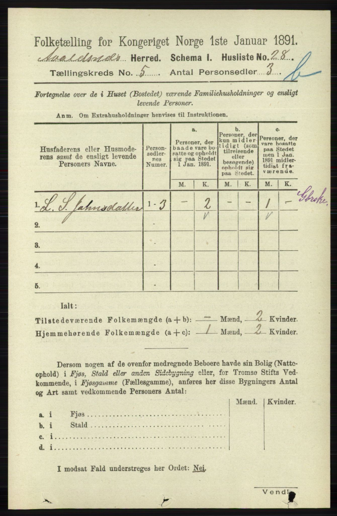 RA, 1891 census for 1147 Avaldsnes, 1891, p. 3016