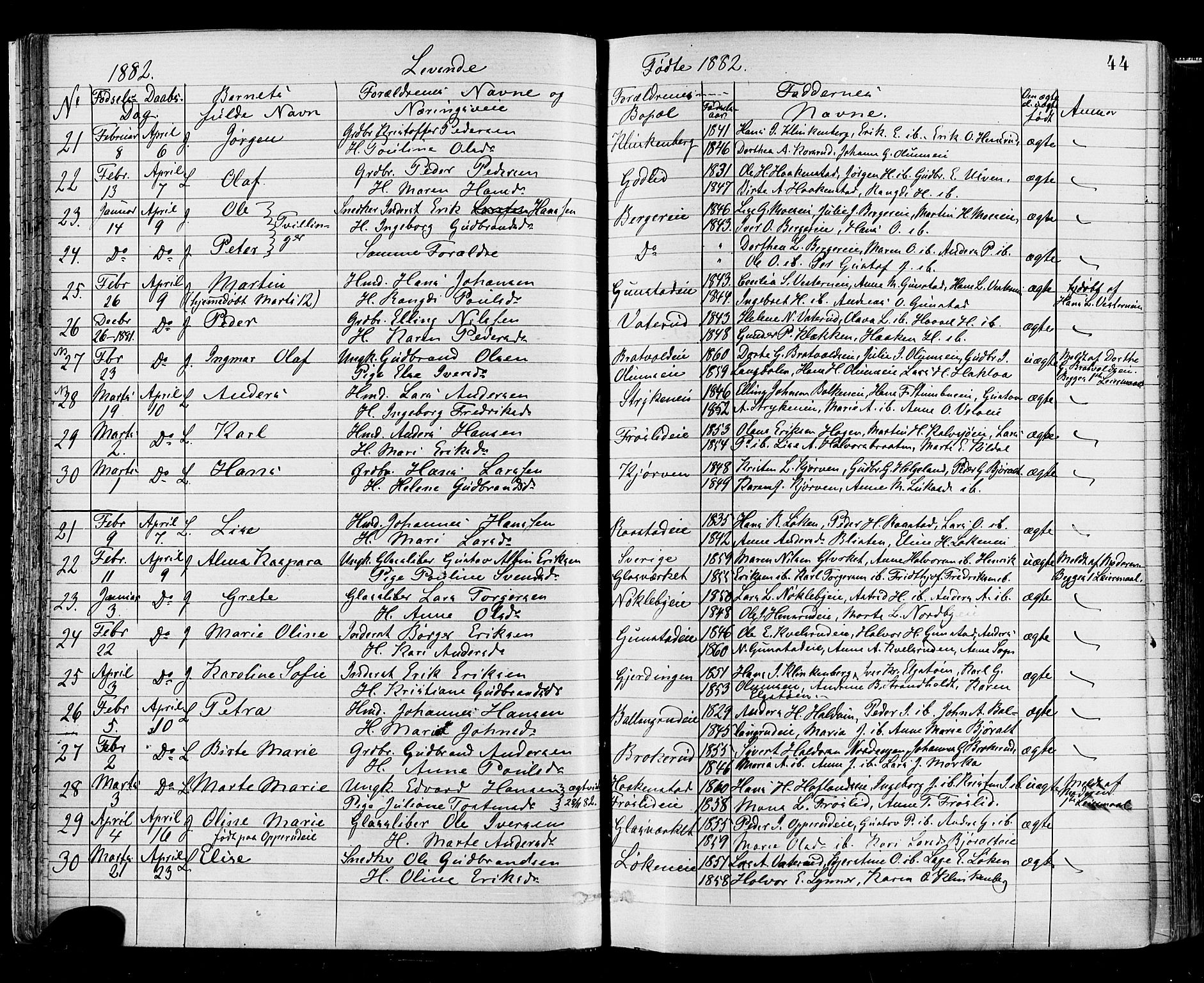 Jevnaker prestekontor, SAH/PREST-116/H/Ha/Haa/L0008: Parish register (official) no. 8, 1877-1890, p. 44