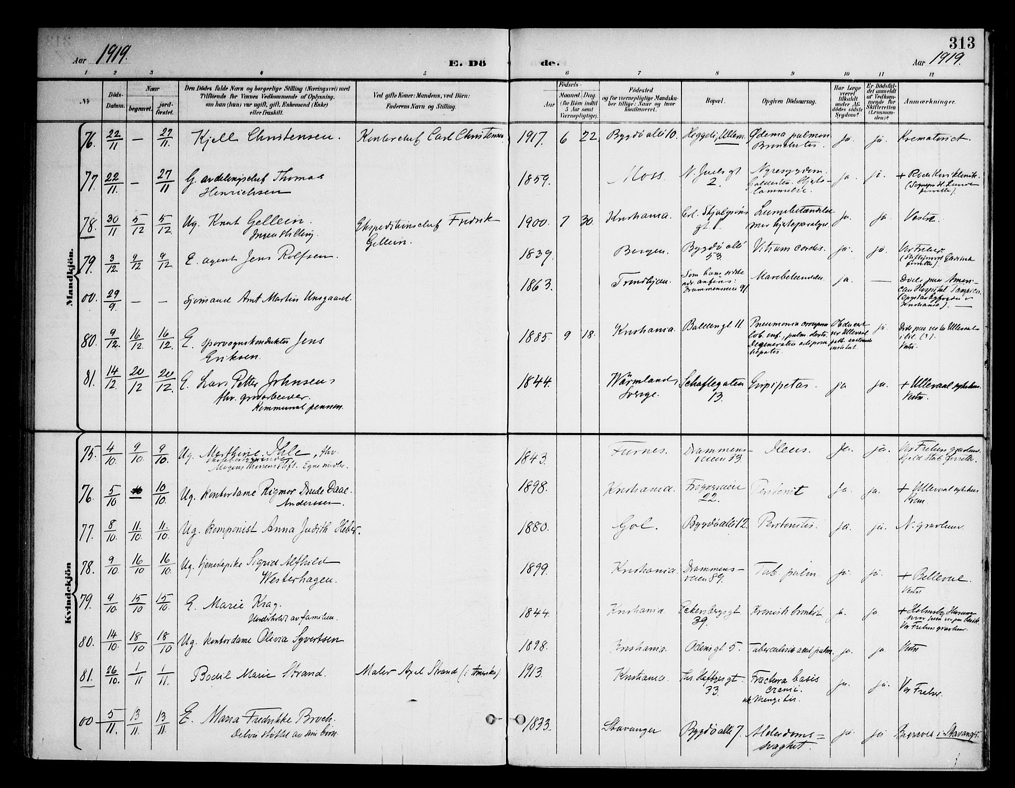 Frogner prestekontor Kirkebøker, AV/SAO-A-10886/F/Fa/L0004: Parish register (official) no. 4, 1898-1921, p. 313