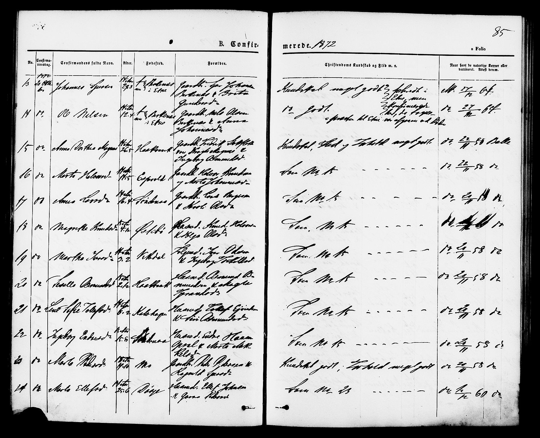 Vikedal sokneprestkontor, AV/SAST-A-101840/01/IV: Parish register (official) no. A 7, 1868-1883, p. 85