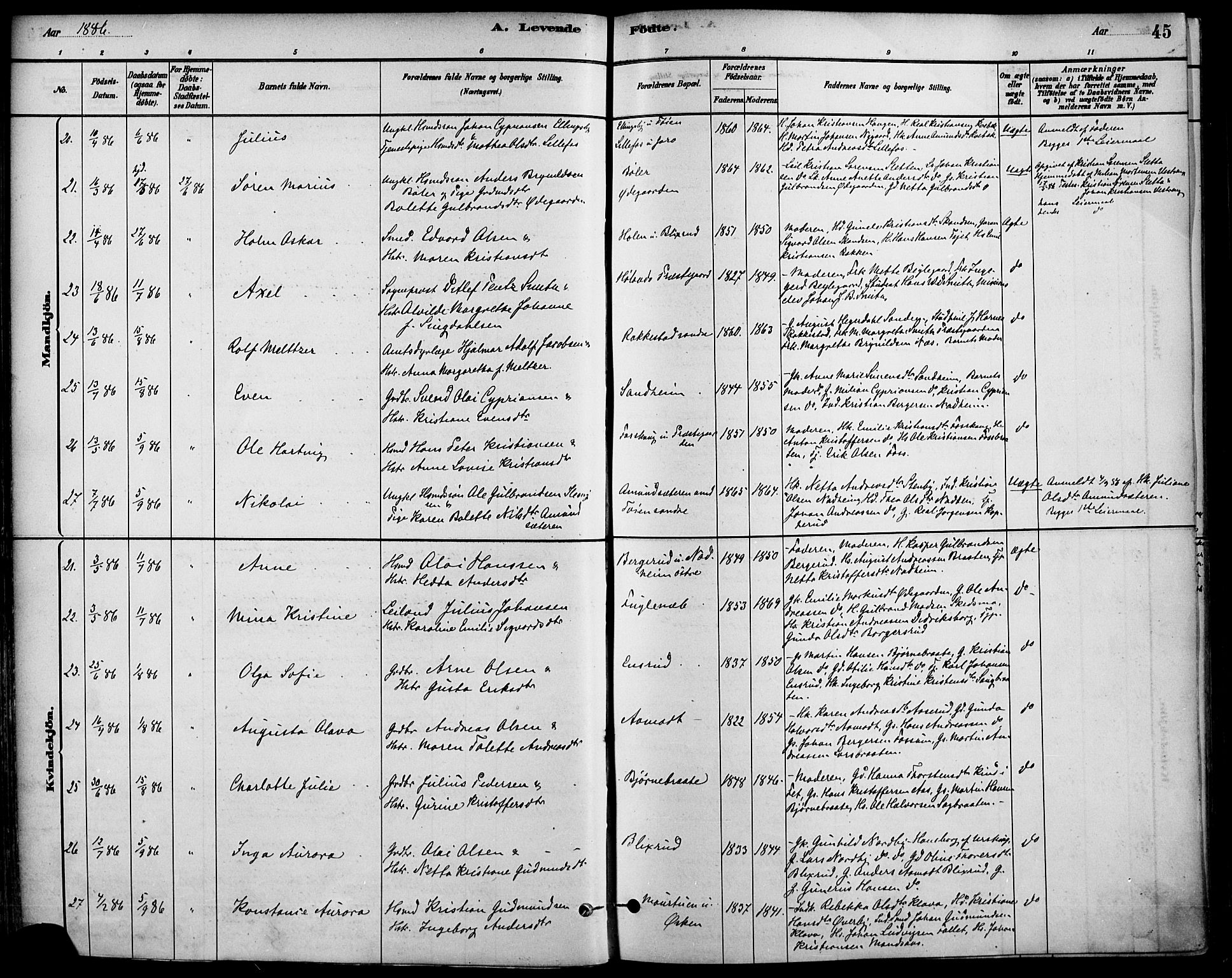 Høland prestekontor Kirkebøker, AV/SAO-A-10346a/F/Fa/L0013: Parish register (official) no. I 13, 1880-1897, p. 45