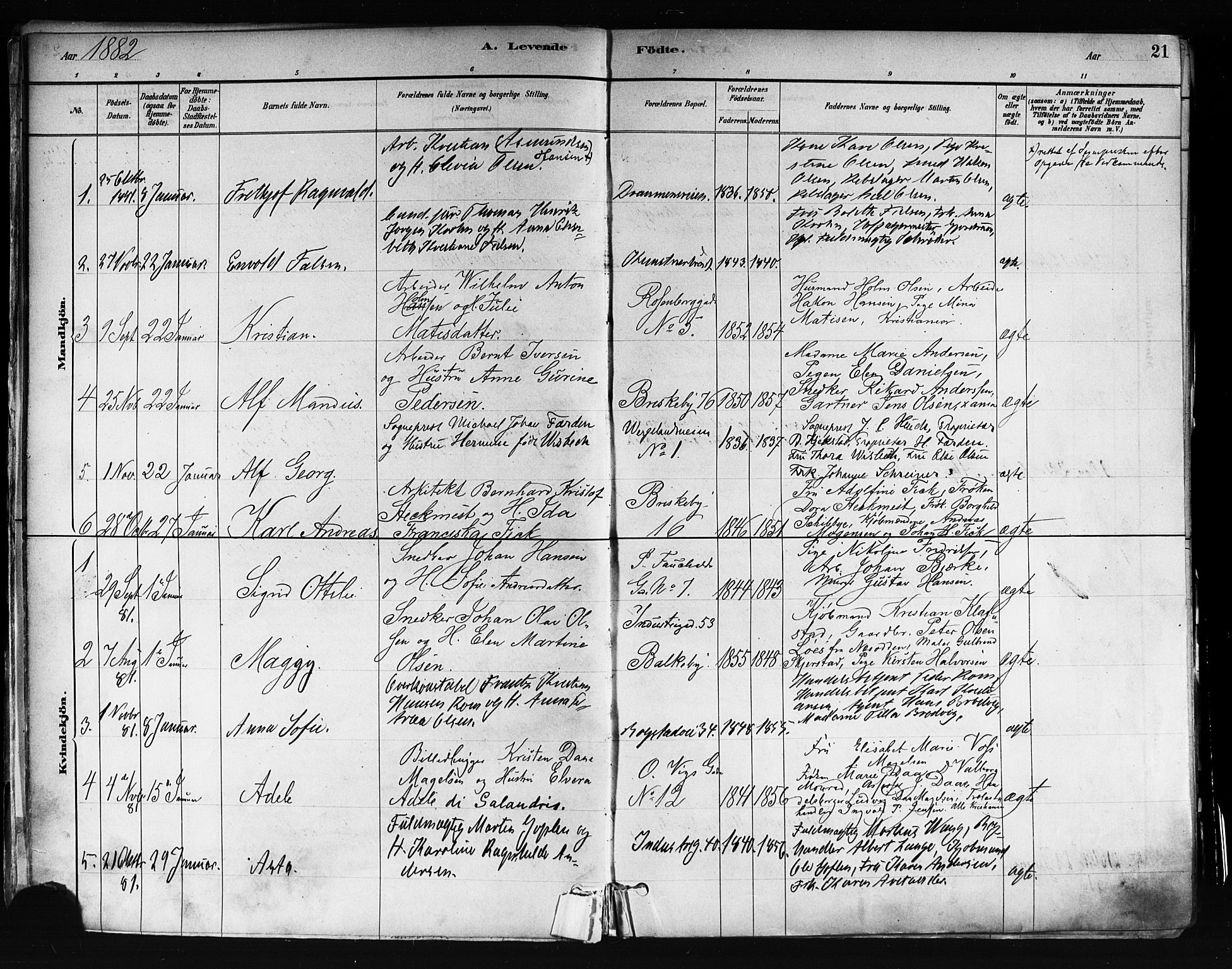 Uranienborg prestekontor Kirkebøker, AV/SAO-A-10877/F/Fa/L0001: Parish register (official) no. 1, 1880-1895, p. 21
