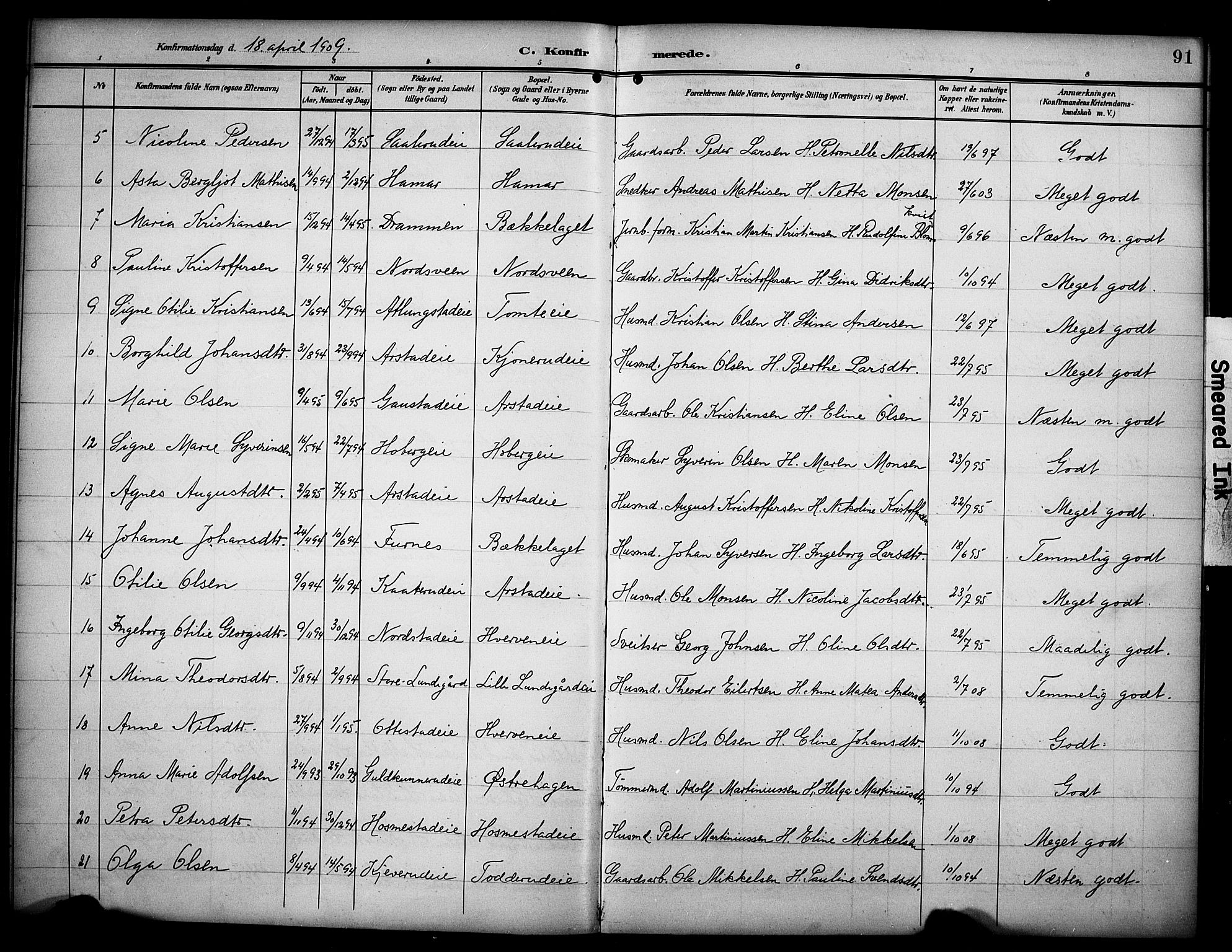 Stange prestekontor, AV/SAH-PREST-002/K/L0022: Parish register (official) no. 22, 1903-1914, p. 91