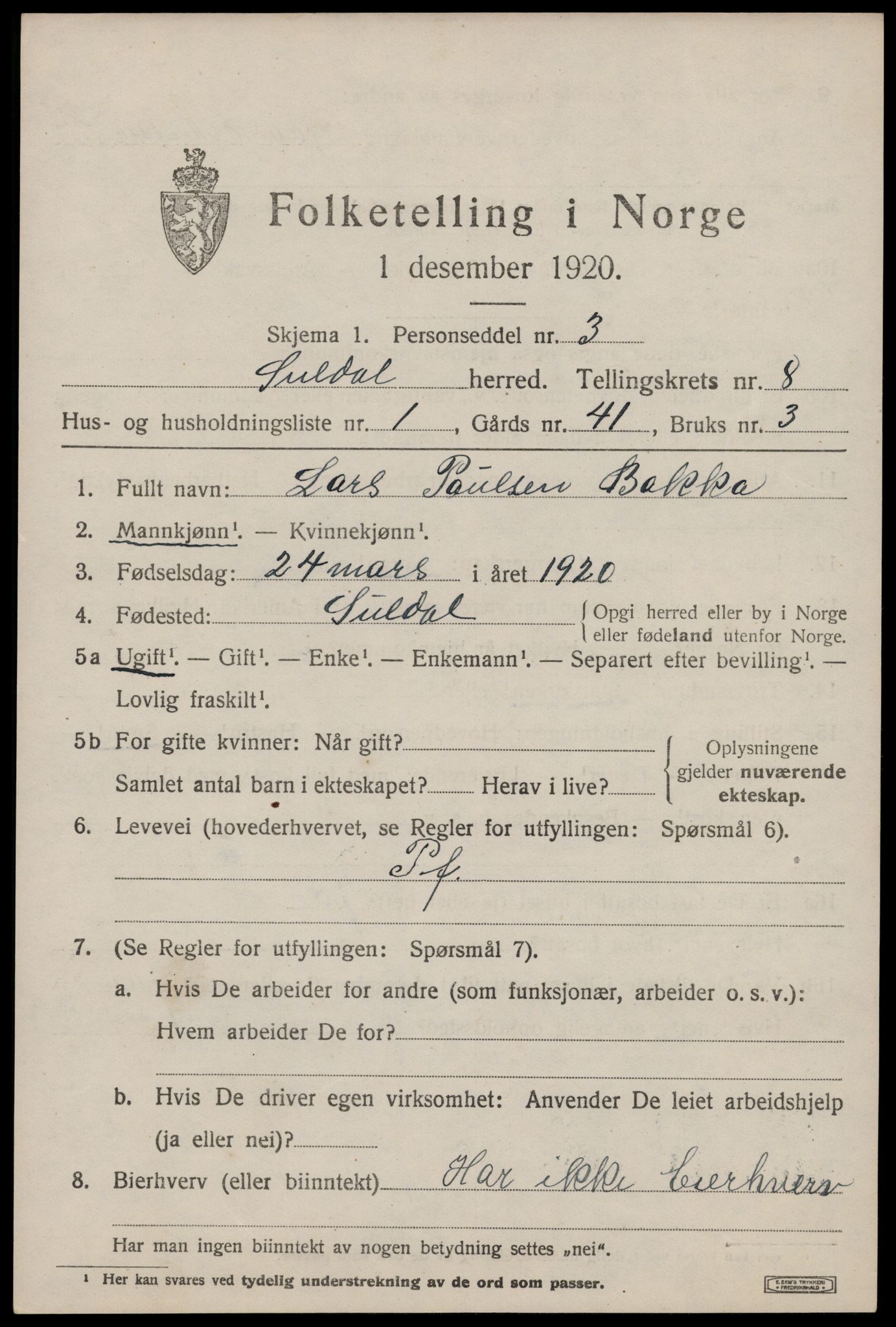 SAST, 1920 census for Suldal, 1920, p. 1854