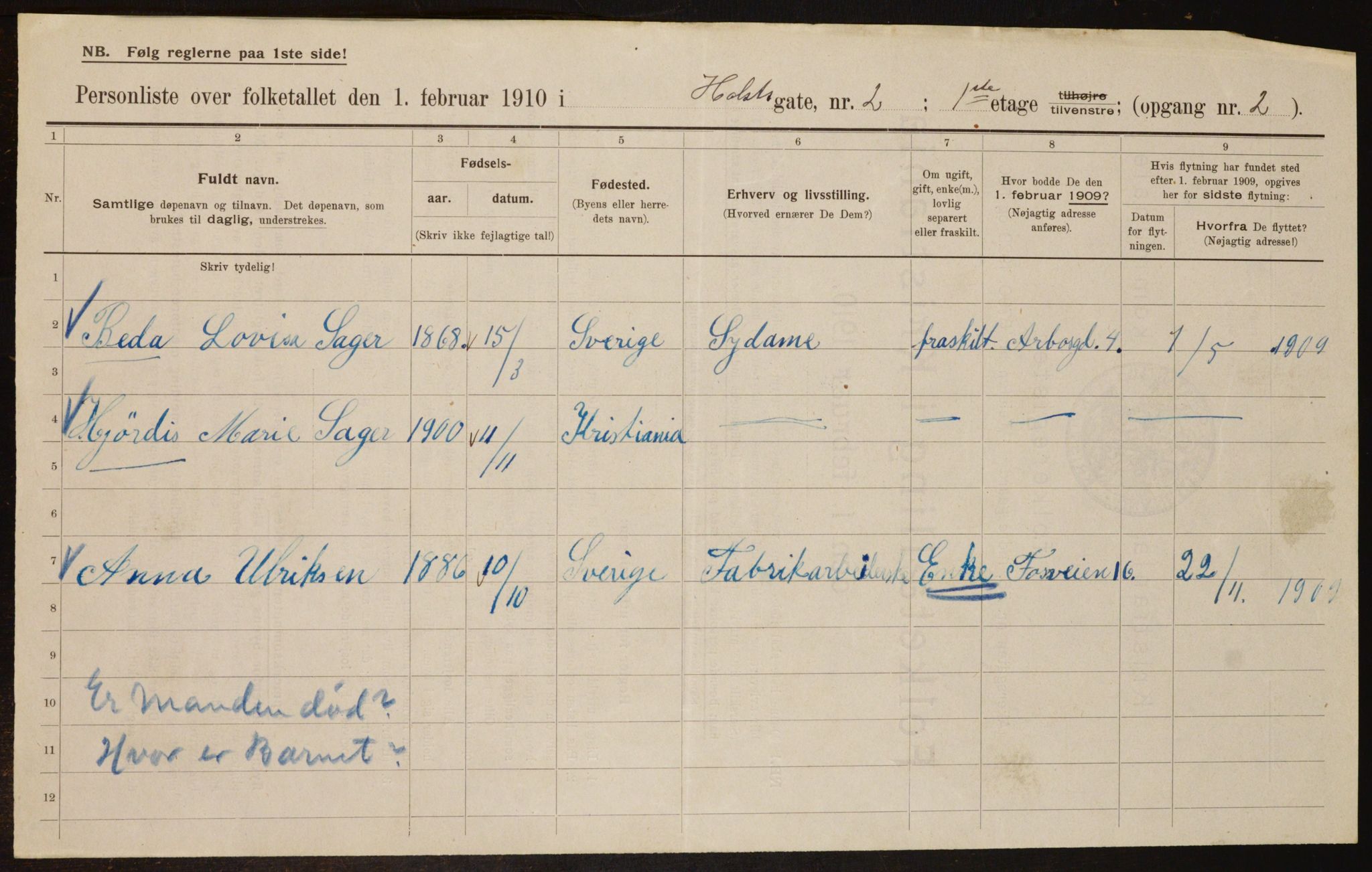 OBA, Municipal Census 1910 for Kristiania, 1910, p. 40154