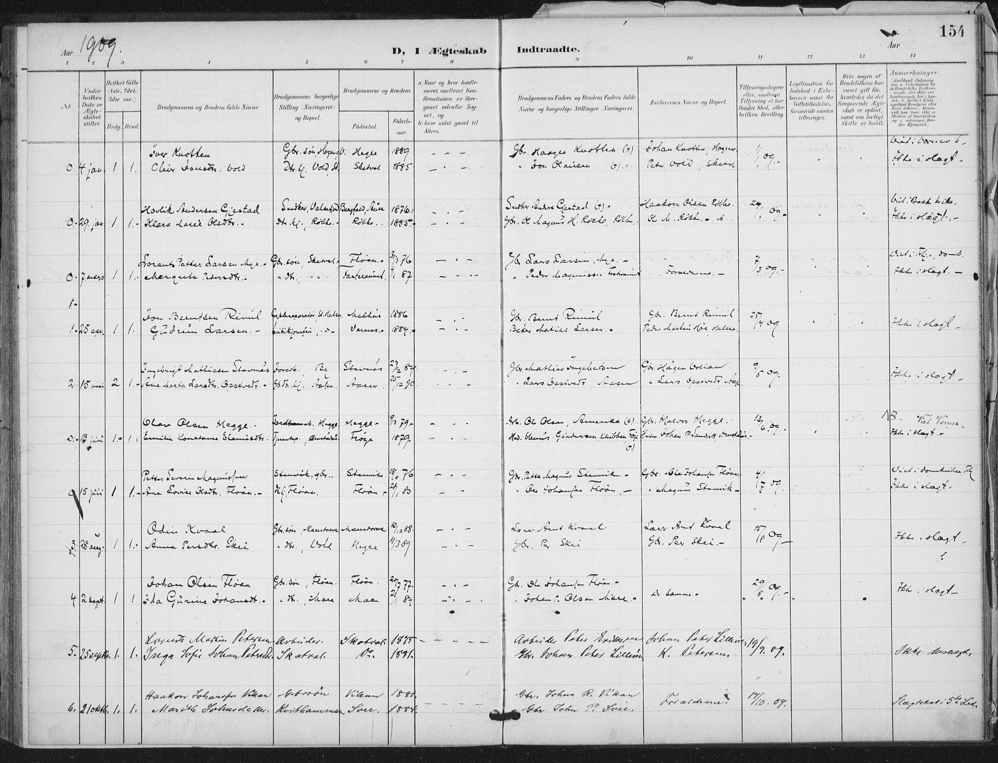 Ministerialprotokoller, klokkerbøker og fødselsregistre - Nord-Trøndelag, AV/SAT-A-1458/712/L0101: Parish register (official) no. 712A02, 1901-1916, p. 154