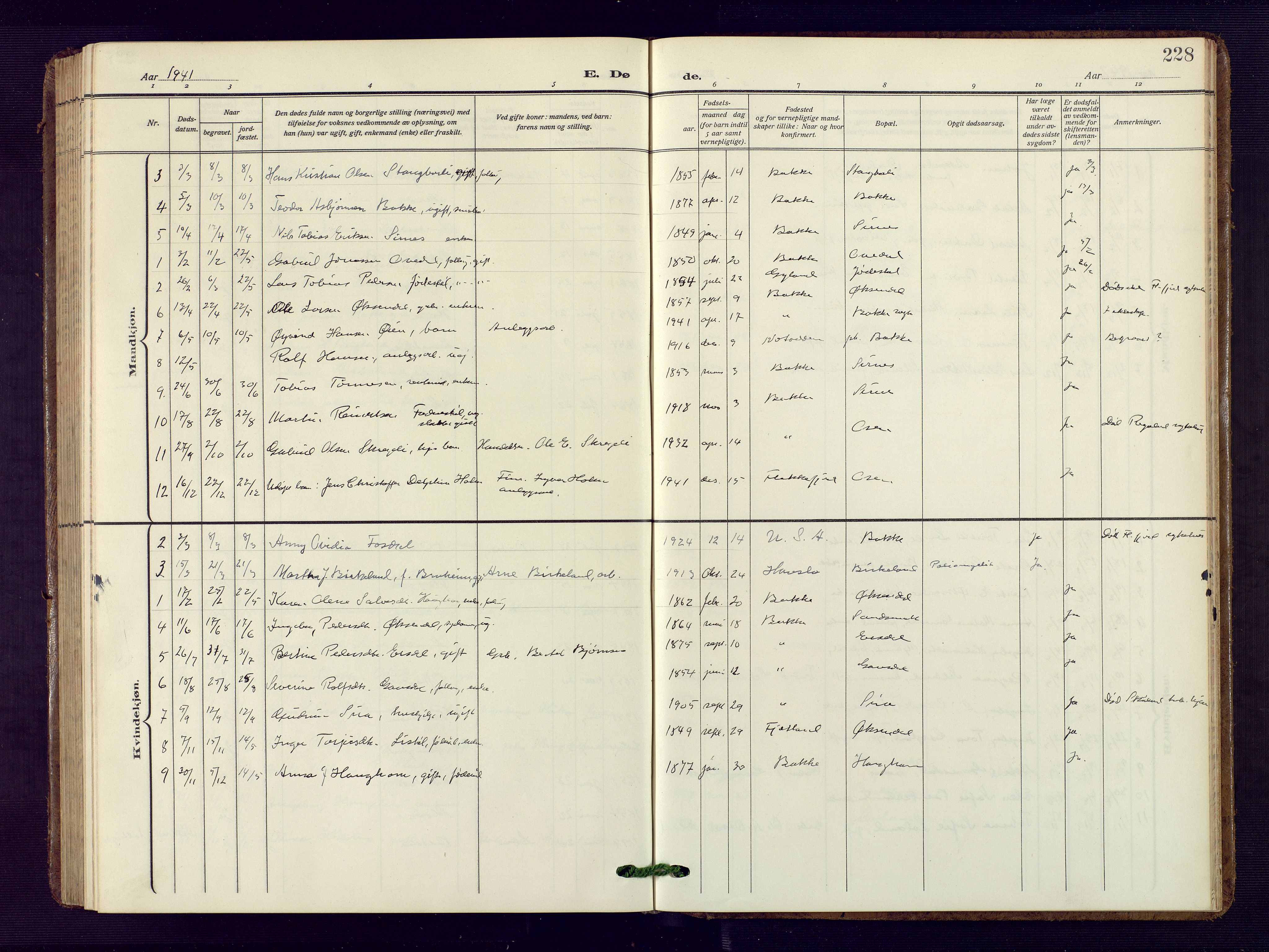 Bakke sokneprestkontor, SAK/1111-0002/F/Fb/Fba/L0004: Parish register (copy) no. B 4, 1911-1946, p. 228