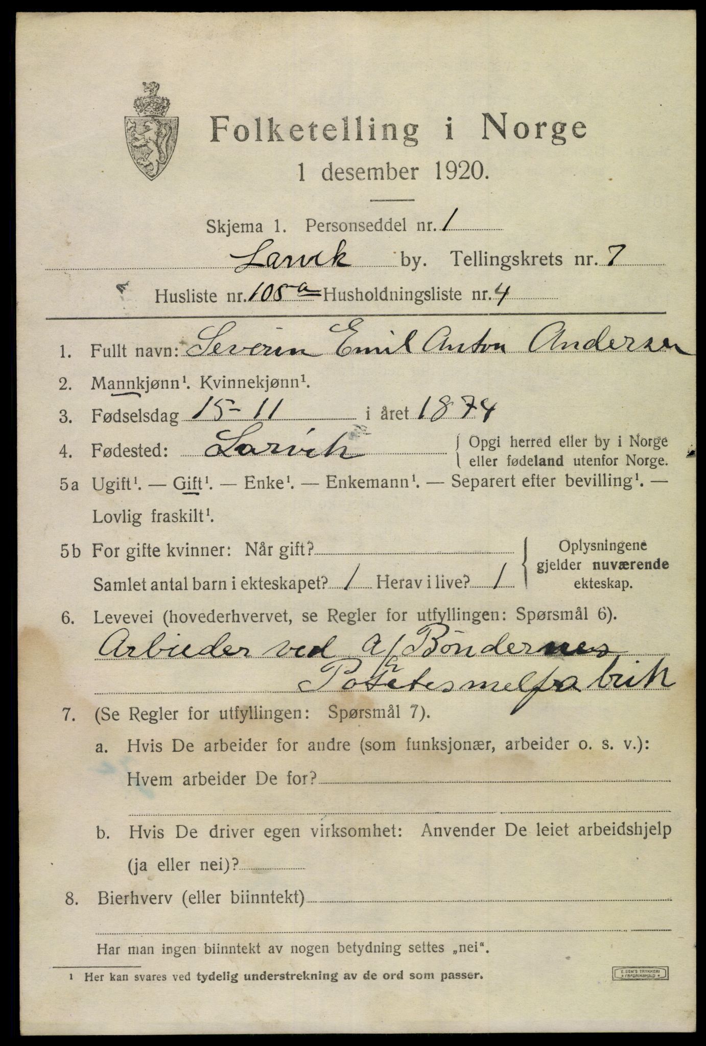 SAKO, 1920 census for Larvik, 1920, p. 22540