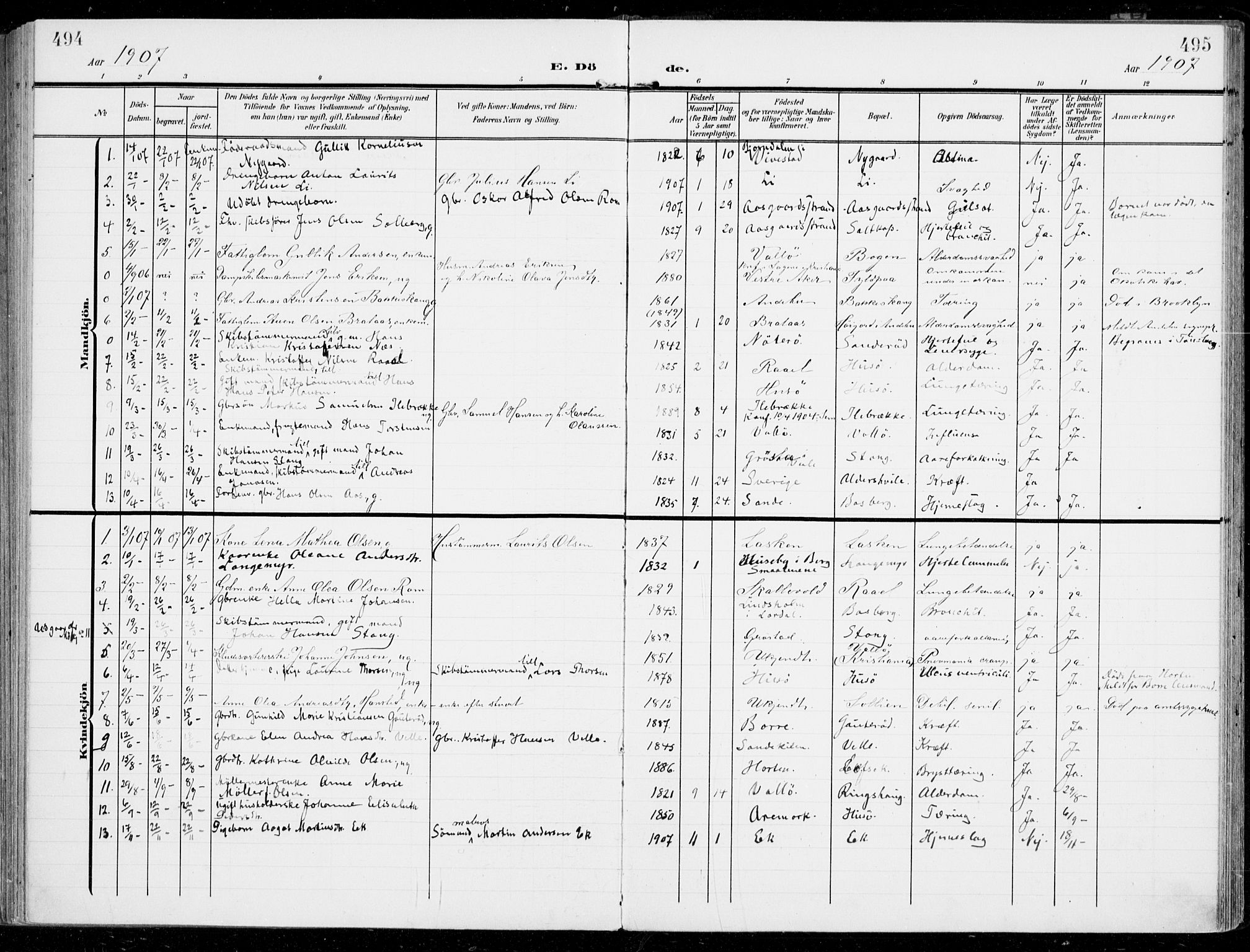 Sem kirkebøker, SAKO/A-5/F/Fb/L0006: Parish register (official) no. II 6, 1905-1918, p. 494-495