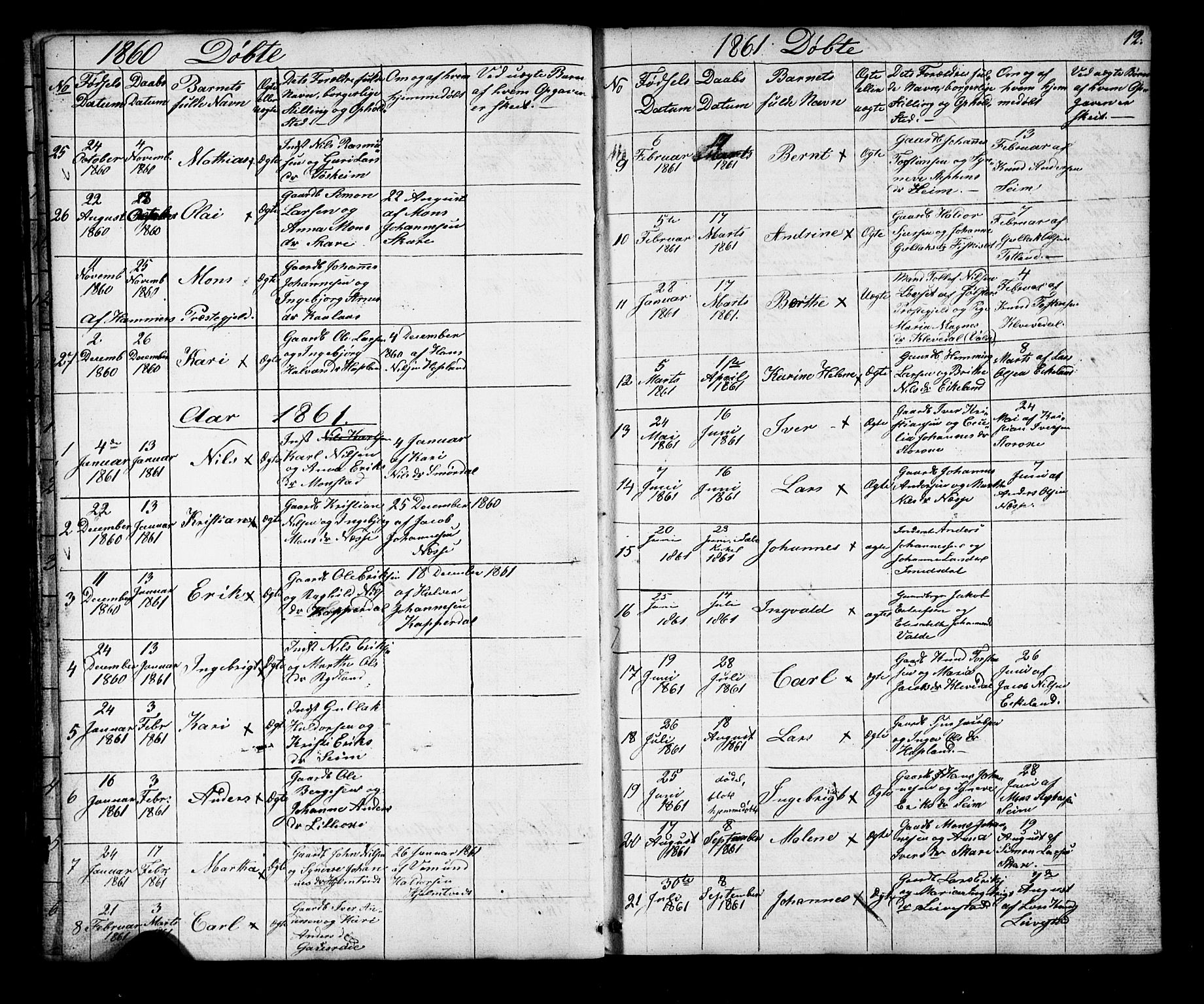Alversund Sokneprestembete, SAB/A-73901/H/Ha/Hab: Parish register (copy) no. D 2, 1851-1889, p. 12