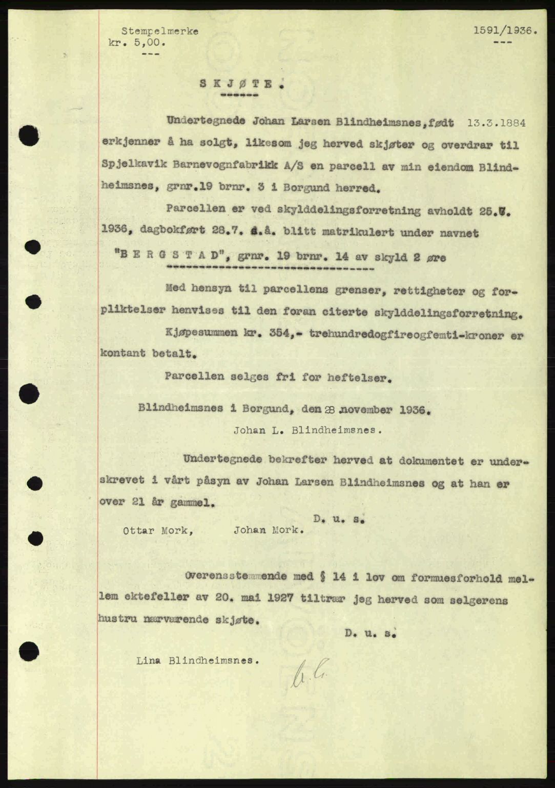 Nordre Sunnmøre sorenskriveri, AV/SAT-A-0006/1/2/2C/2Ca: Mortgage book no. A2, 1936-1937, Diary no: : 1591/1936