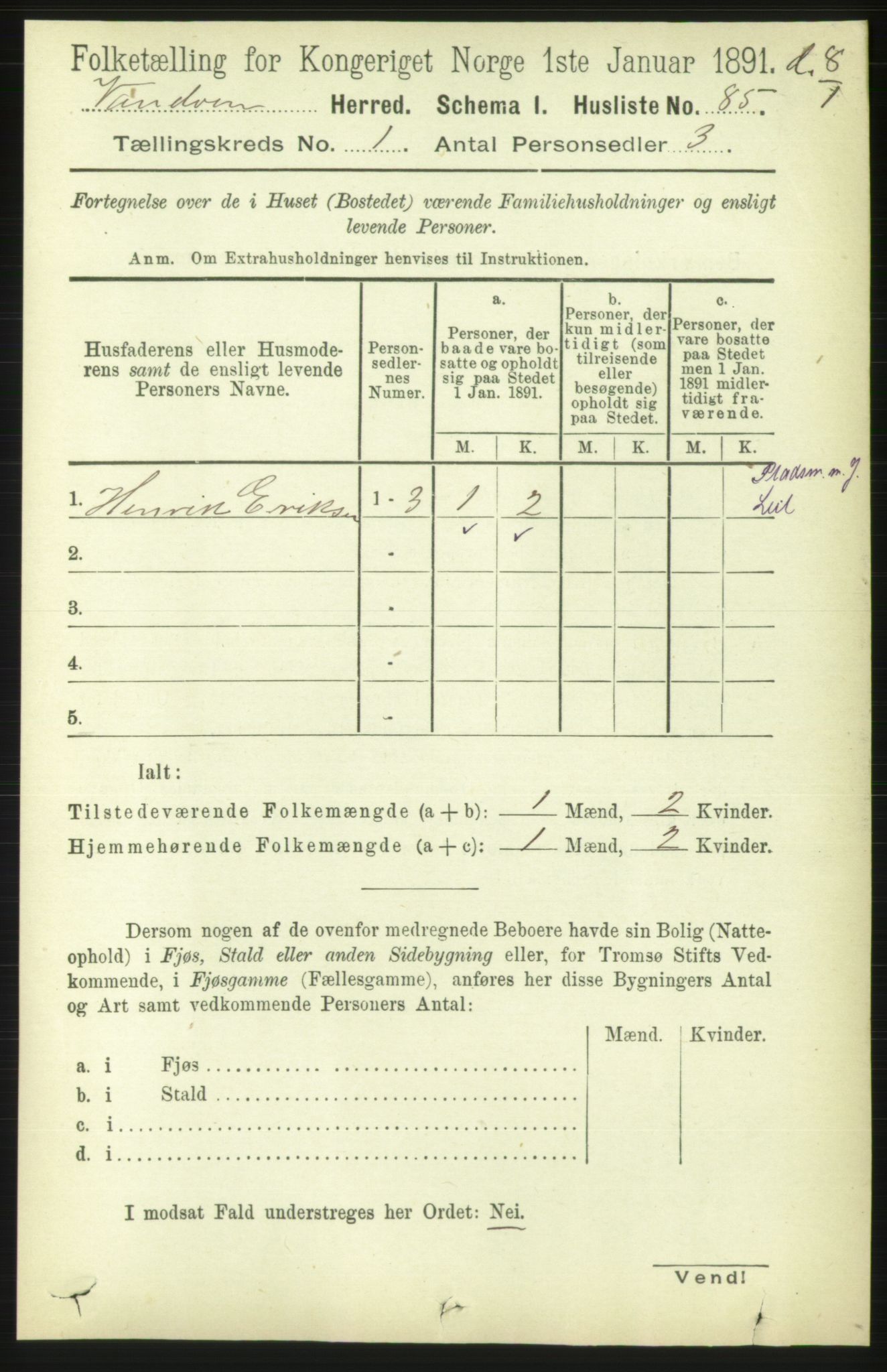 RA, 1891 census for 1511 Vanylven, 1891, p. 105