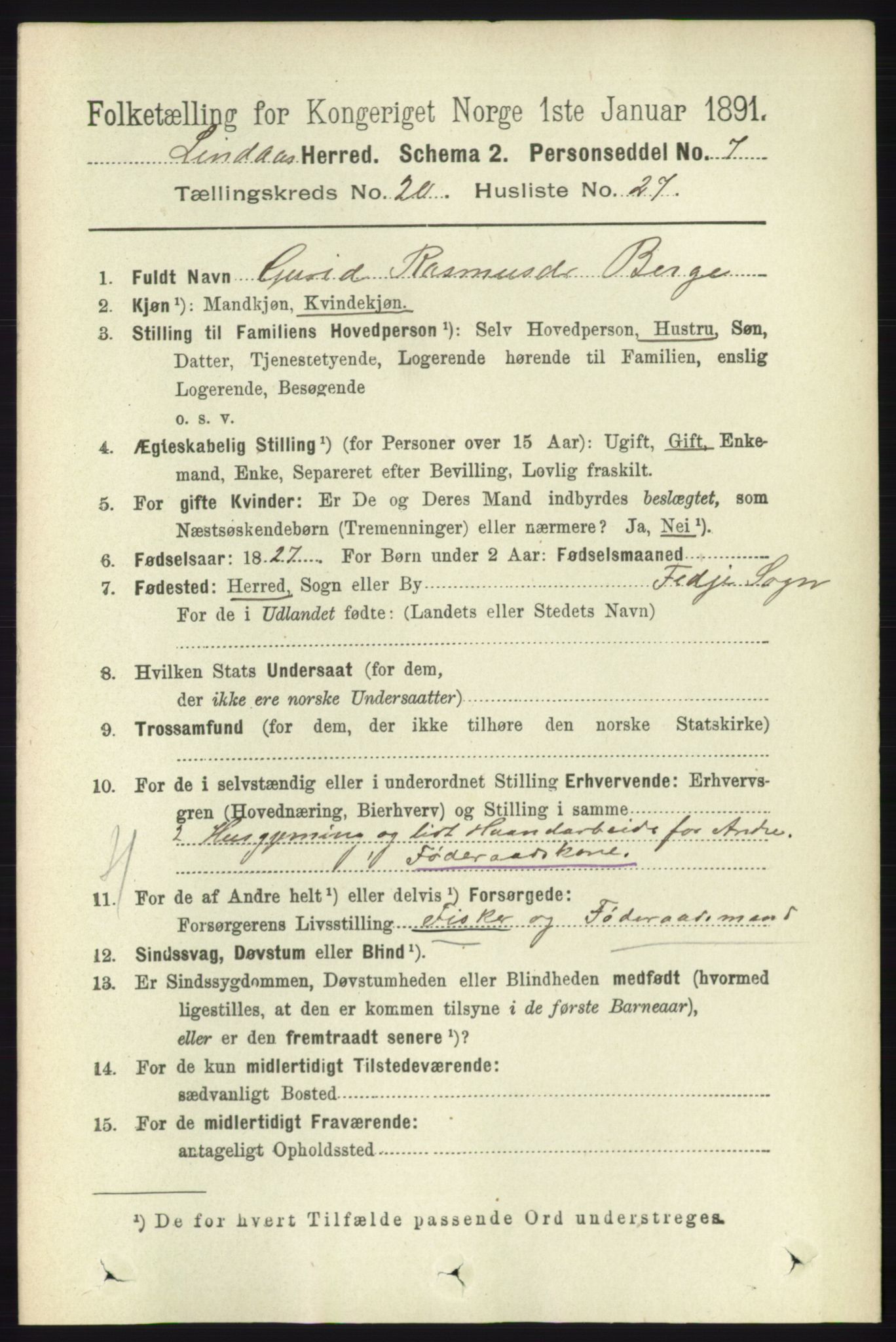 RA, 1891 census for 1263 Lindås, 1891, p. 7522