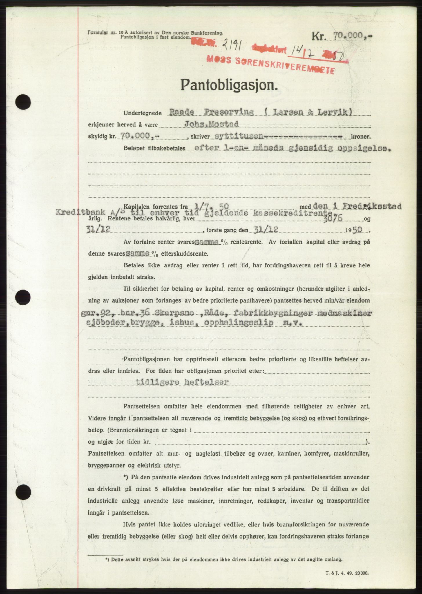 Moss sorenskriveri, AV/SAO-A-10168: Mortgage book no. B24, 1950-1950, Diary no: : 2191/1950