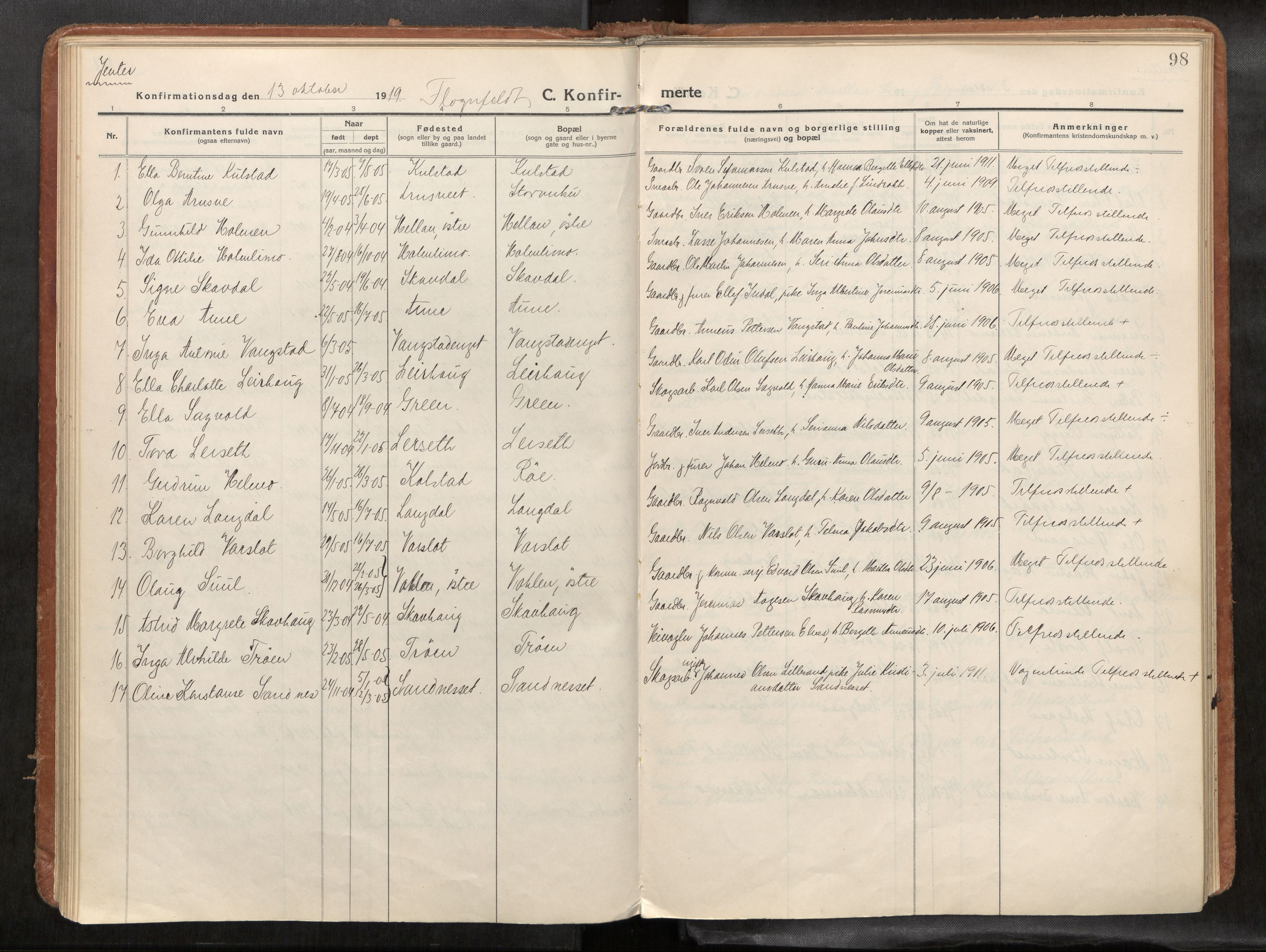 Verdal sokneprestkontor, SAT/A-1156/2/H/Haa/L0004: Parish register (official) no. 4, 1916-1928, p. 98