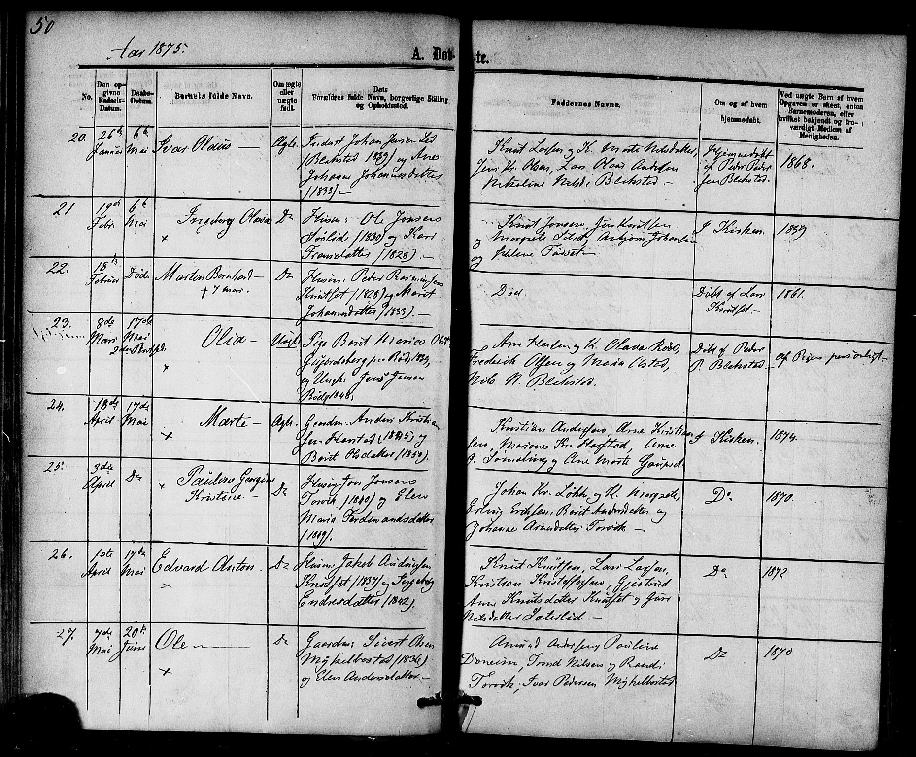 Ministerialprotokoller, klokkerbøker og fødselsregistre - Møre og Romsdal, AV/SAT-A-1454/584/L0966: Parish register (official) no. 584A06, 1869-1878, p. 50