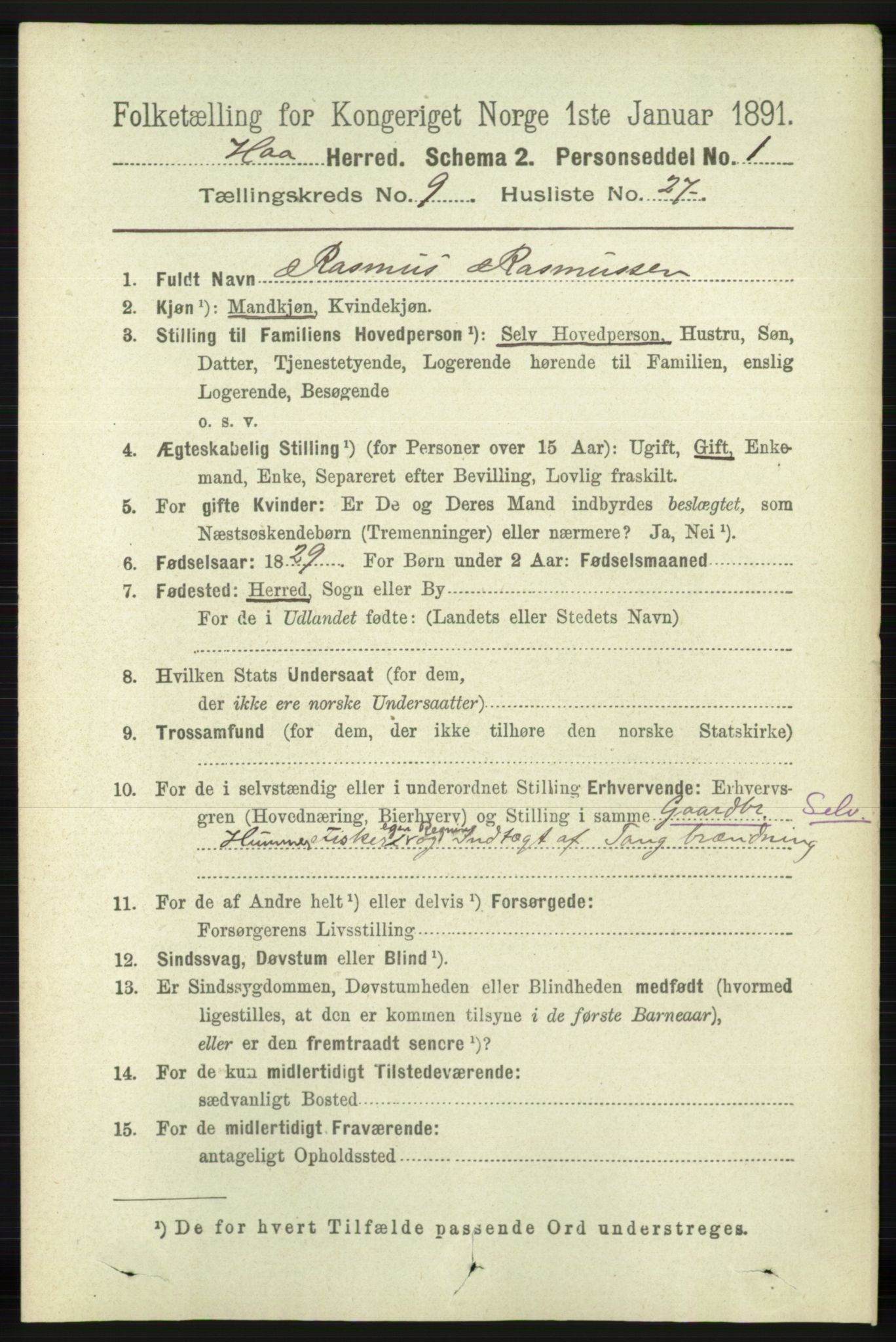 RA, 1891 census for 1119 Hå, 1891, p. 2363