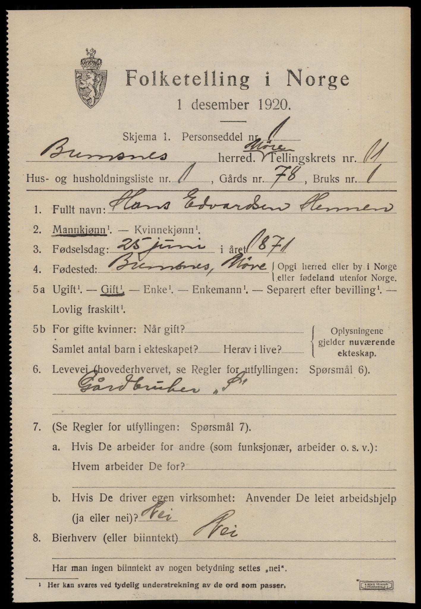 SAT, 1920 census for Bremsnes, 1920, p. 9301