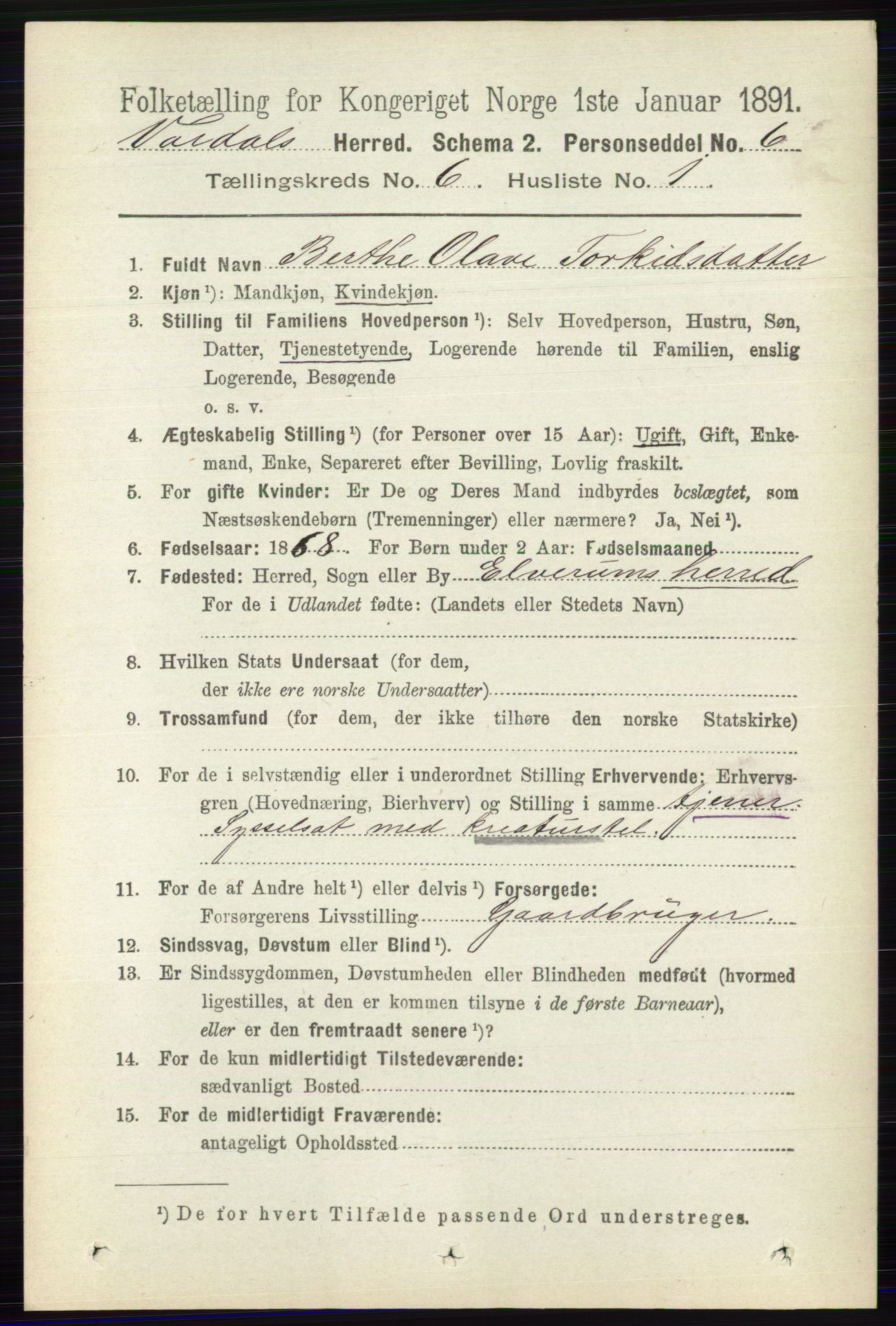 RA, 1891 census for 0527 Vardal, 1891, p. 2379