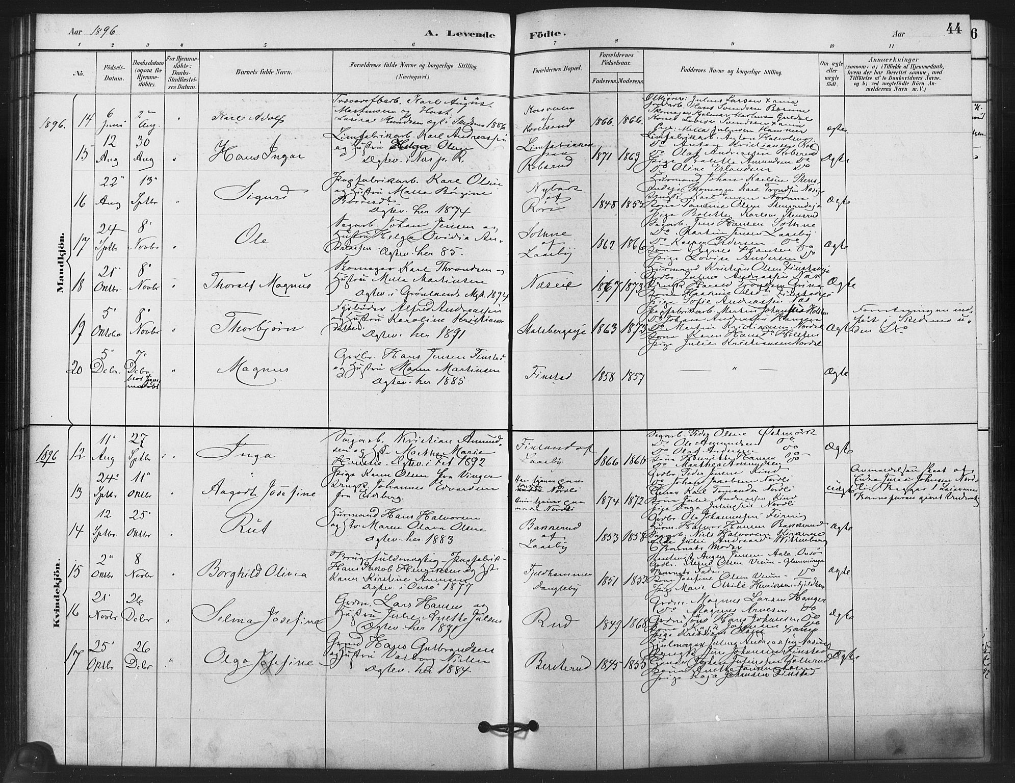 Skedsmo prestekontor Kirkebøker, AV/SAO-A-10033a/F/Fb/L0001: Parish register (official) no. II 1, 1883-1901, p. 44