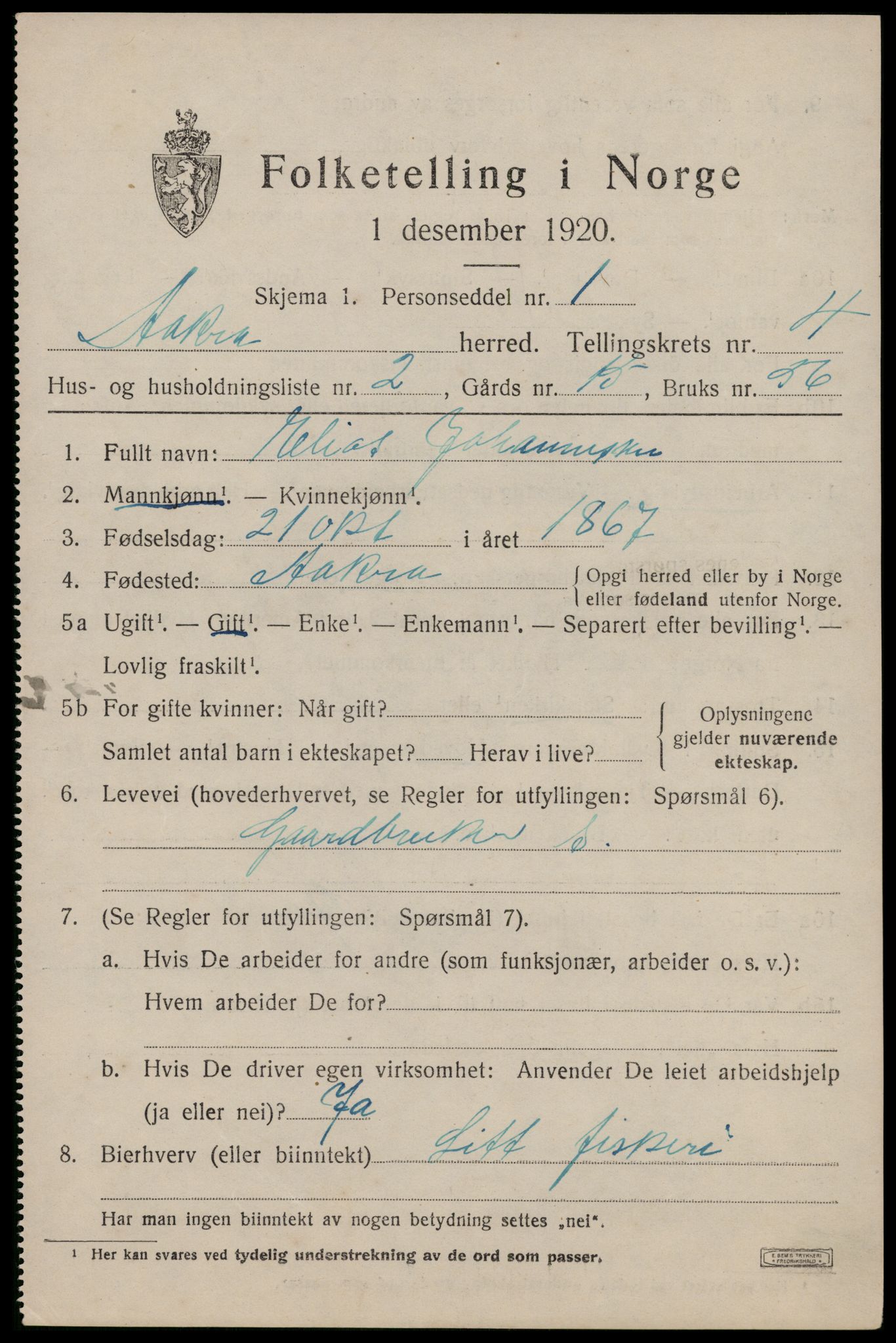 SAST, 1920 census for Åkra, 1920, p. 5888