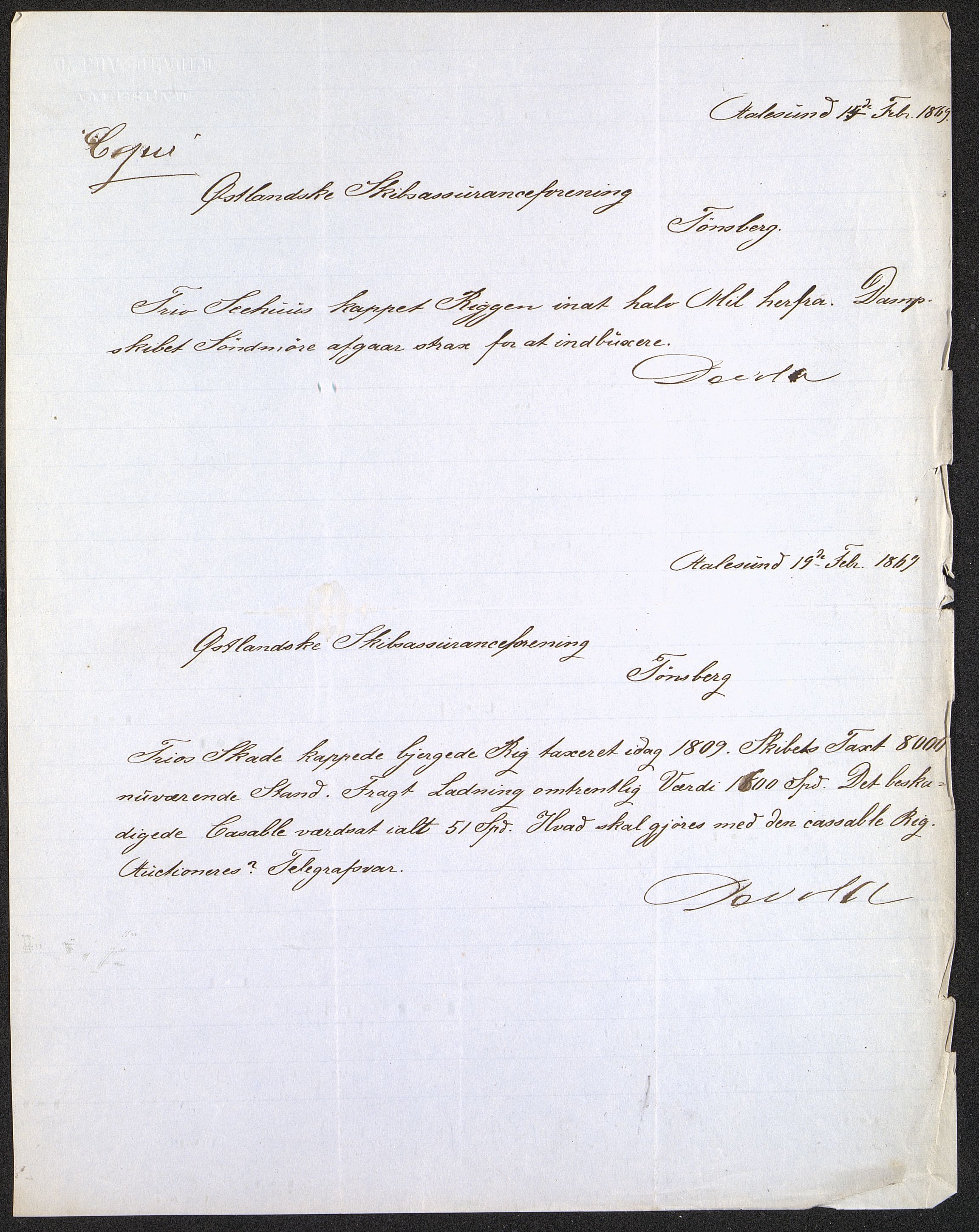 Pa 63 - Østlandske skibsassuranceforening, VEMU/A-1079/G/Ga/L0002/0005: Havaridokumenter / Trio, 1869