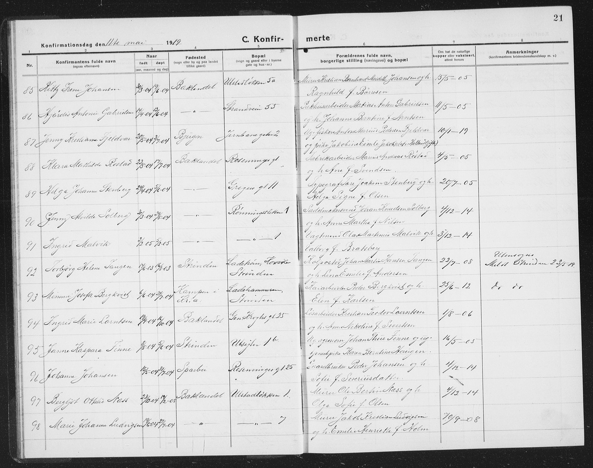 Ministerialprotokoller, klokkerbøker og fødselsregistre - Sør-Trøndelag, AV/SAT-A-1456/605/L0258: Parish register (copy) no. 605C05, 1918-1930, p. 21