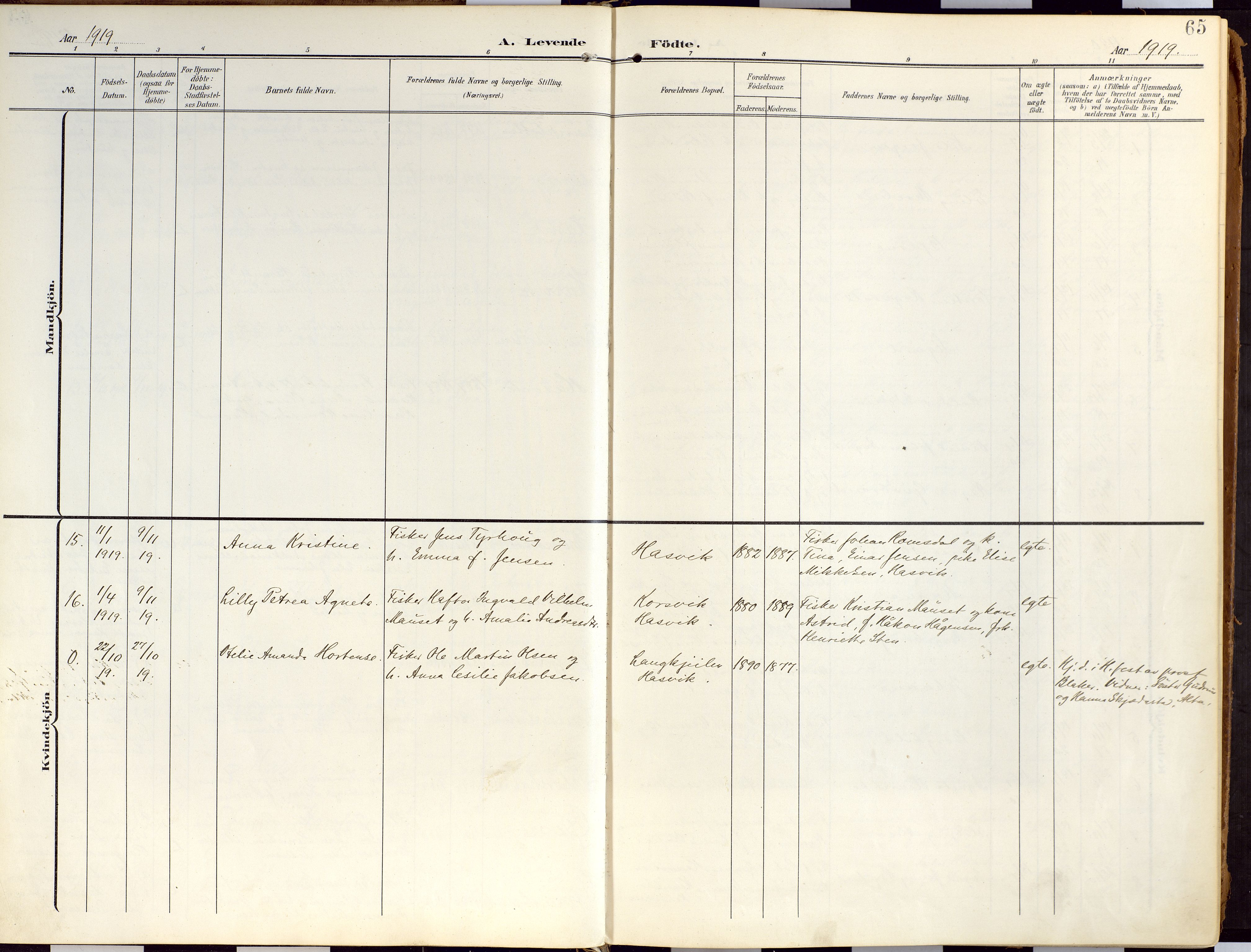 Loppa sokneprestkontor, SATØ/S-1339/H/Ha/L0010kirke: Parish register (official) no. 10, 1907-1922, p. 65