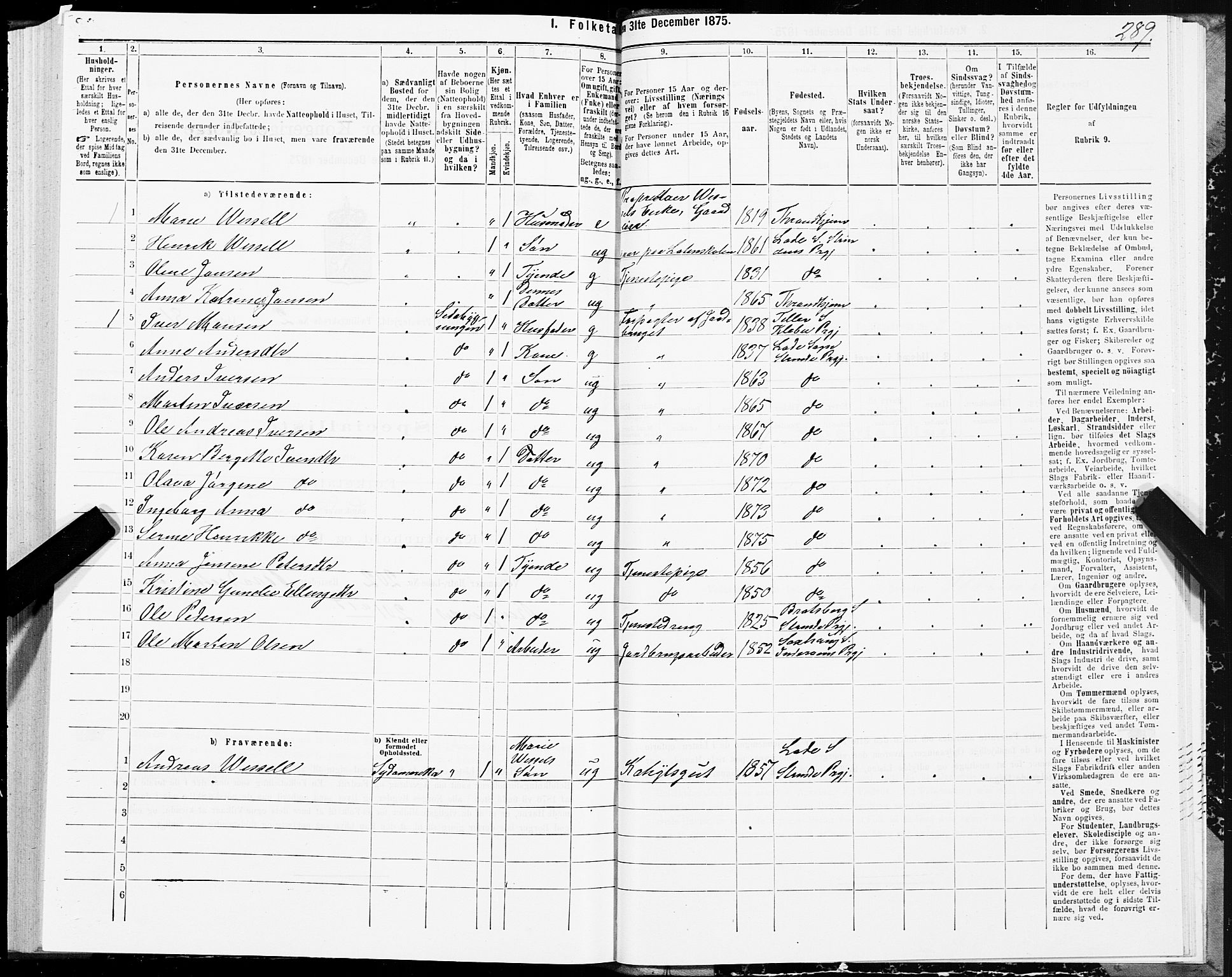 SAT, 1875 census for 1660P Strinda, 1875, p. 1289