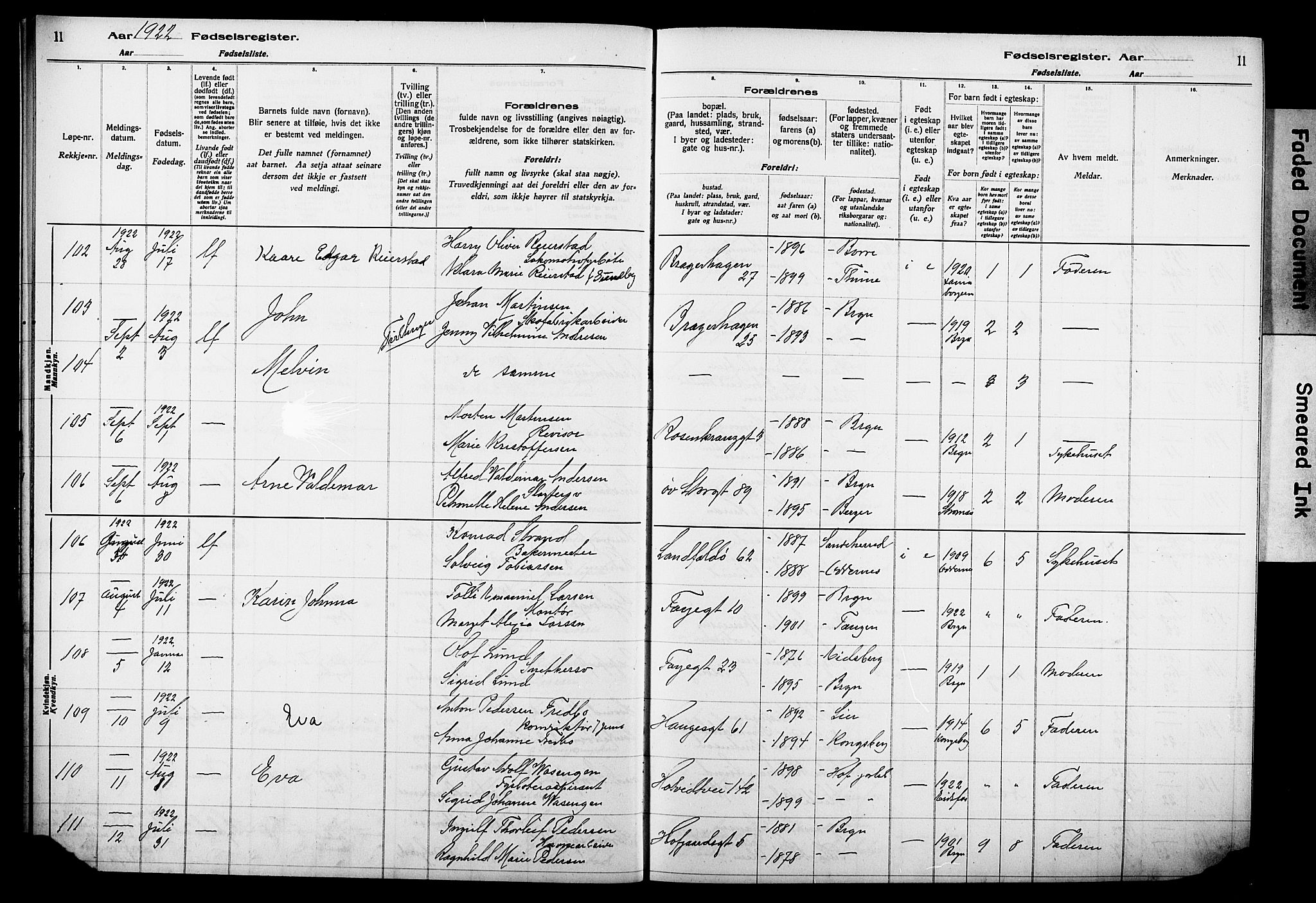 Bragernes kirkebøker, AV/SAKO-A-6/J/Ja/L0002: Birth register no. 2, 1922-1930, p. 11