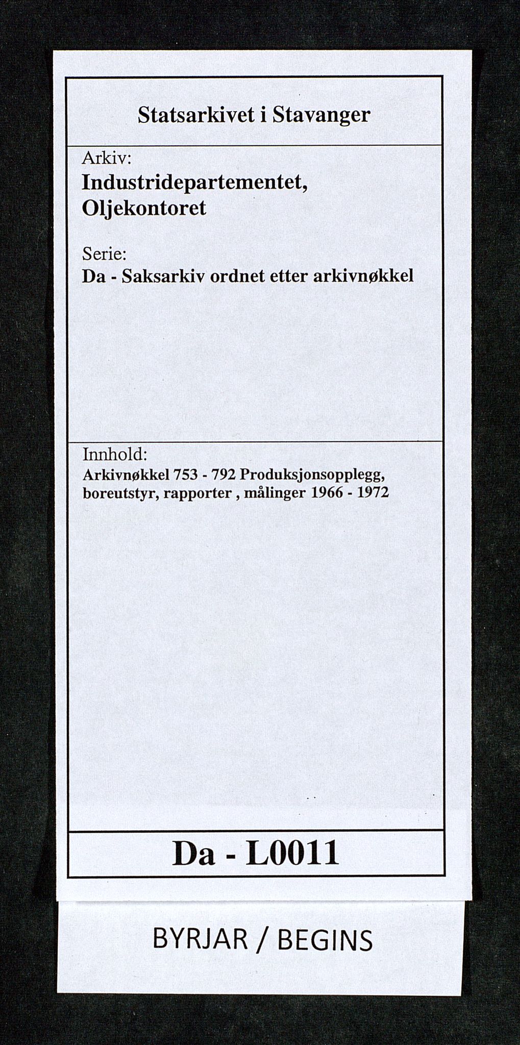 Industridepartementet, Oljekontoret, SAST/A-101348/Da/L0011: Arkivnøkkel 753 - 792 Produksjonsopplegg, boreutstyr, rapporter , målinger, 1966-1972, p. 1