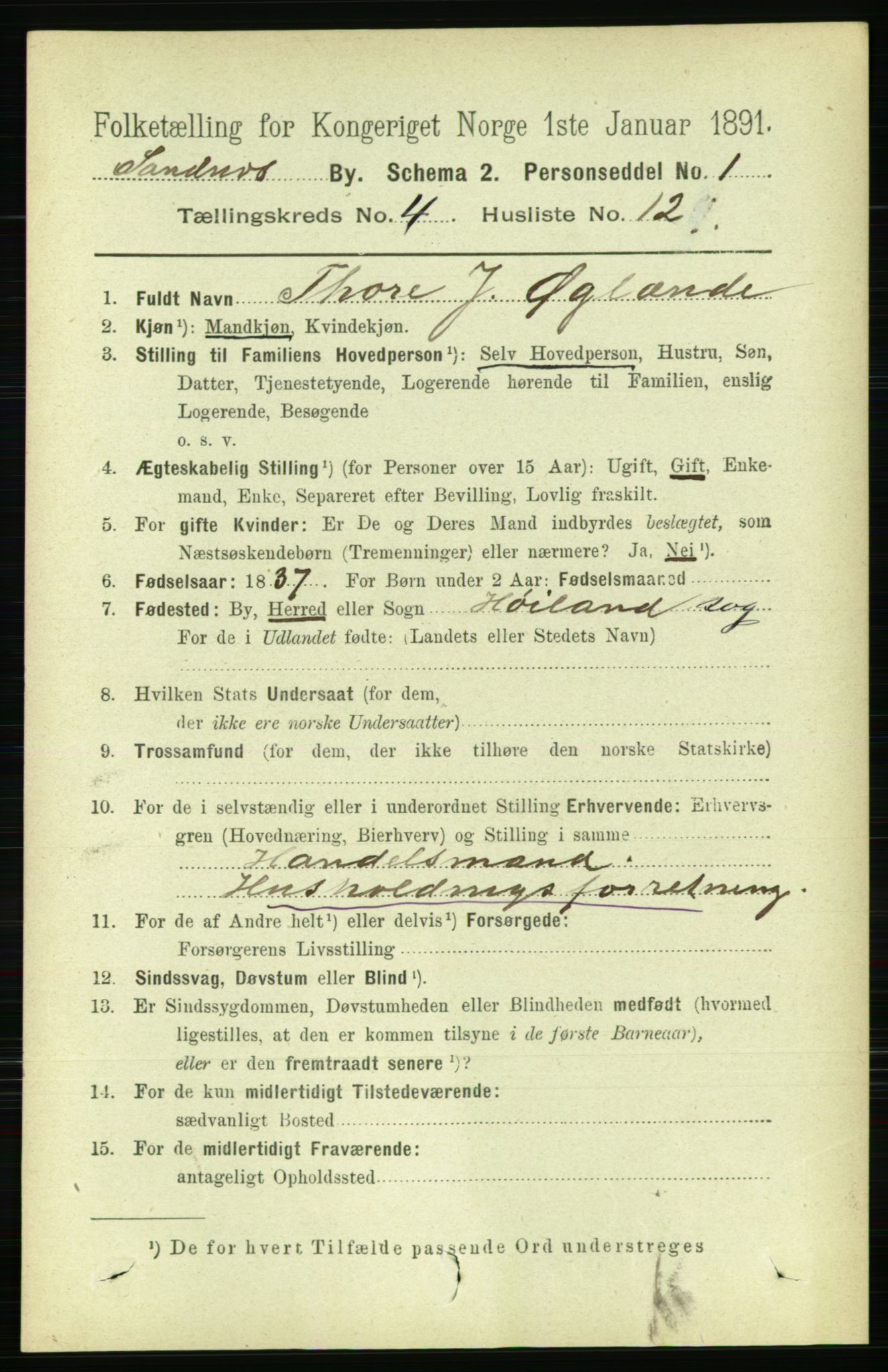 RA, 1891 census for 1102 Sandnes, 1891, p. 1852