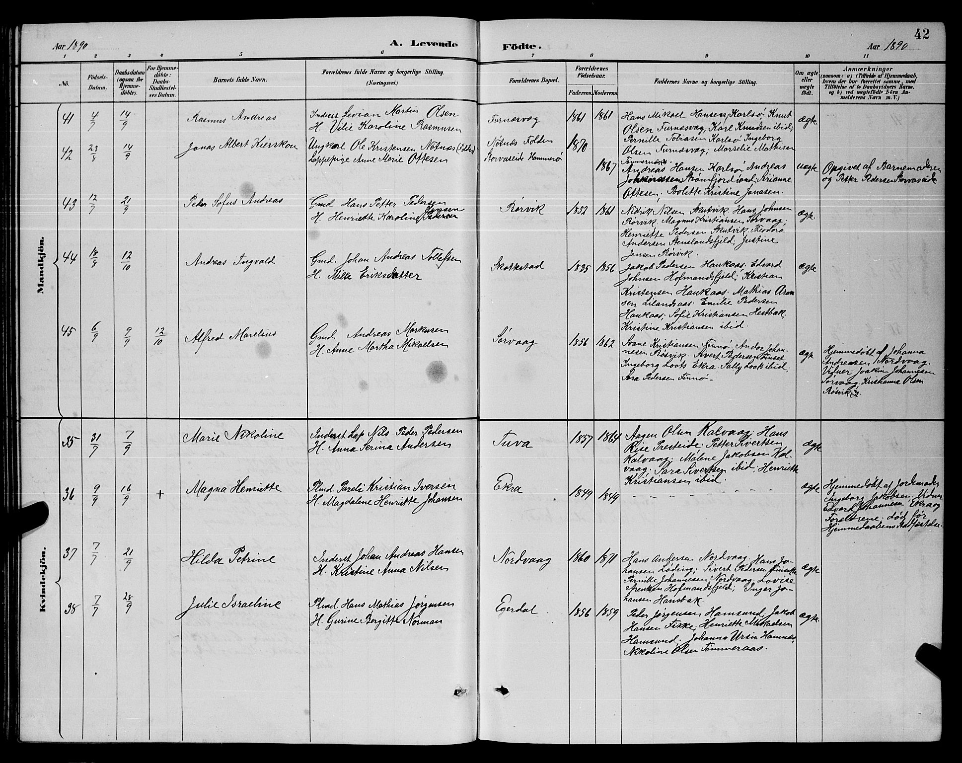 Ministerialprotokoller, klokkerbøker og fødselsregistre - Nordland, SAT/A-1459/859/L0859: Parish register (copy) no. 859C05, 1887-1898, p. 42