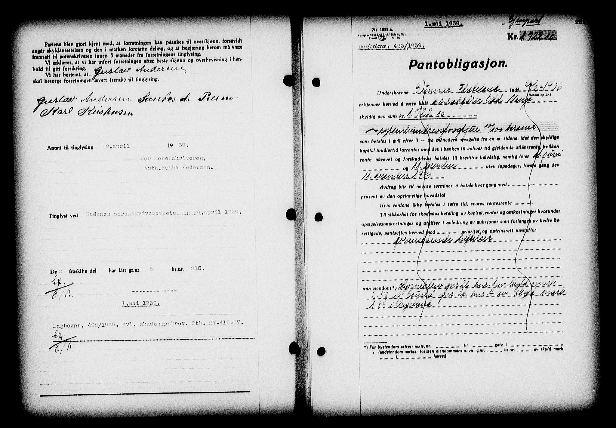 Nedenes sorenskriveri, SAK/1221-0006/G/Gb/Gba/L0046: Mortgage book no. 42, 1938-1939, Diary no: : 423/1939