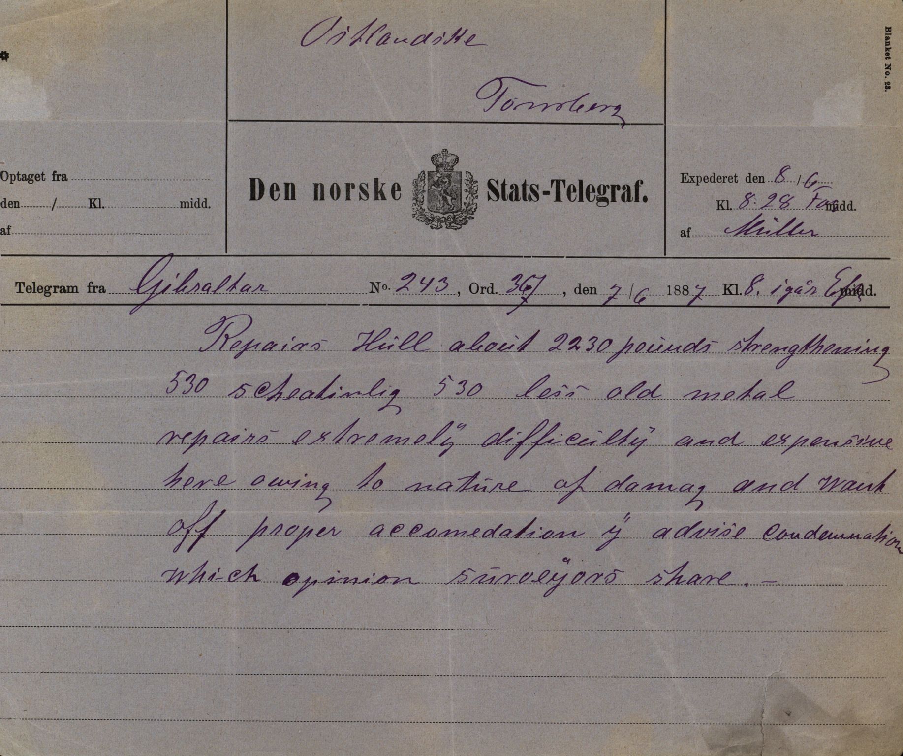 Pa 63 - Østlandske skibsassuranceforening, VEMU/A-1079/G/Ga/L0020/0003: Havaridokumenter / Anton, Diamant, Templar, Finn, Eliezer, Arctic, 1887, p. 202